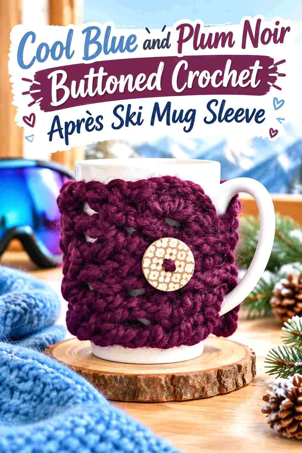 12. Cool Blue And Plum Noir Buttoned Crochet Apres Ski Mug Sleeve