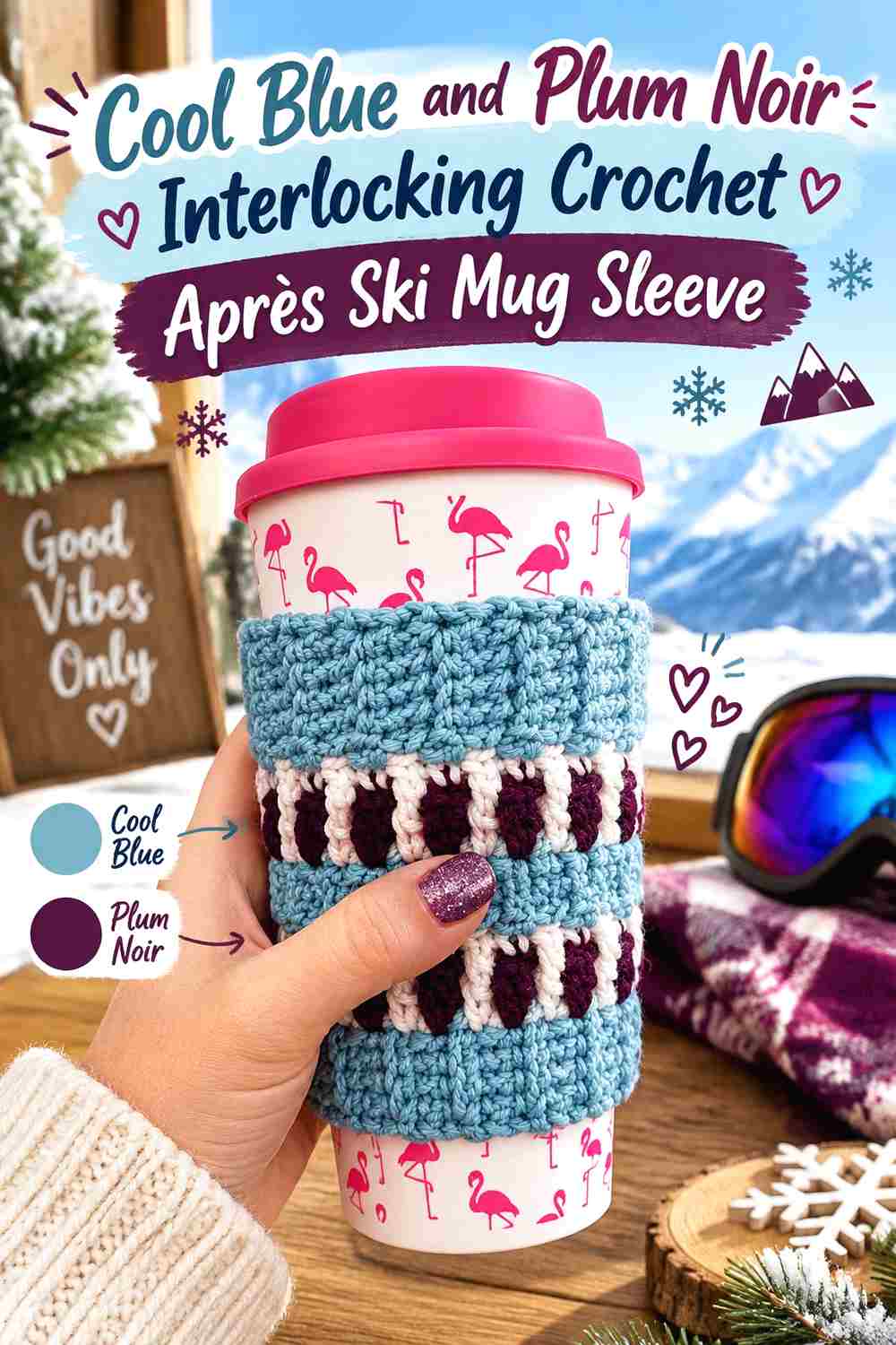 9. Cool Blue And Plum Noir Interlocking Crochet Apres Ski Mug Sleeve