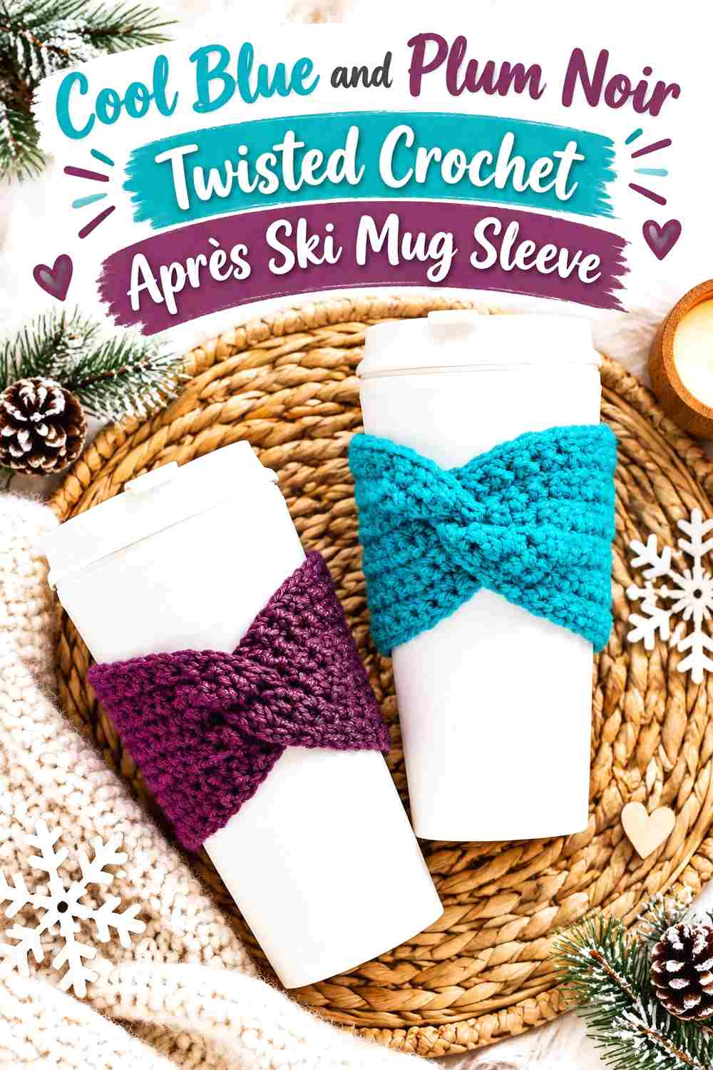 10. Cool Blue And Plum Noir Twisted Crochet Apres Ski Mug Sleeve
