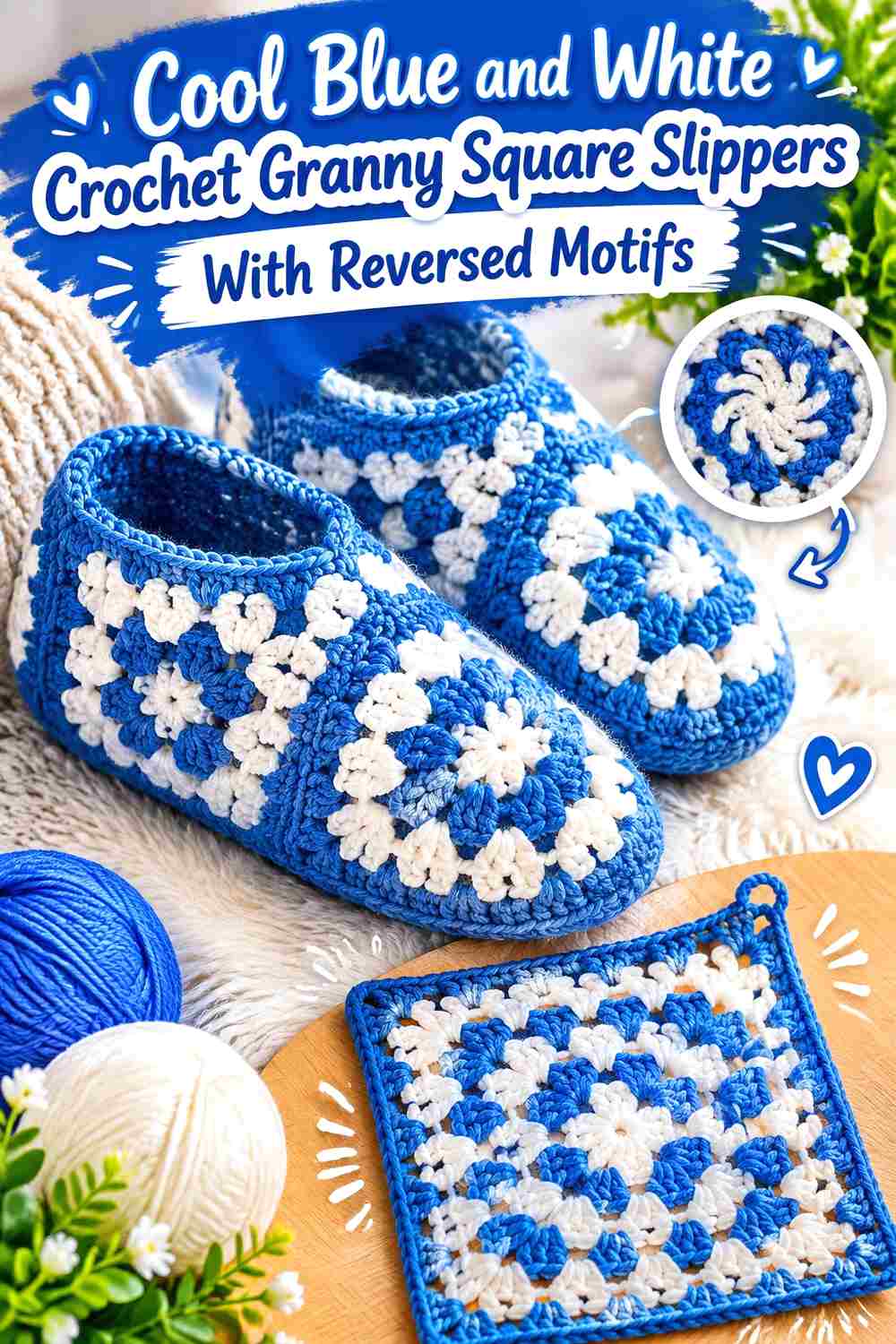 8. Cool Blue And White Crochet Granny Square Slippers With Reversed Motifs
