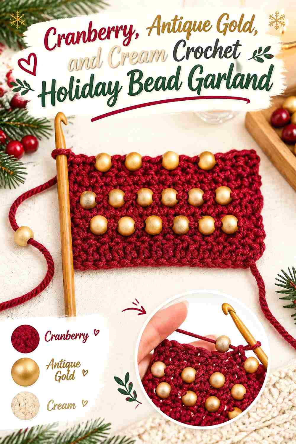 6. Cranberry Antique Gold And Cream Crochet Holiday Bead Garland