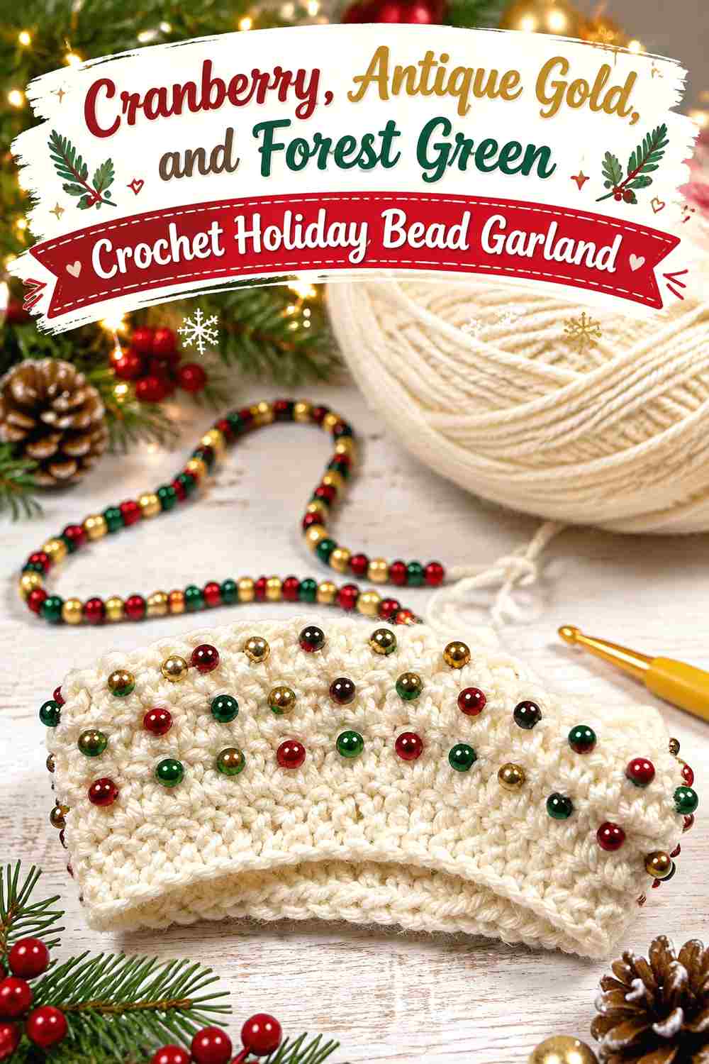8. Cranberry Antique Gold And Forest Green Crochet Holiday Bead Garland