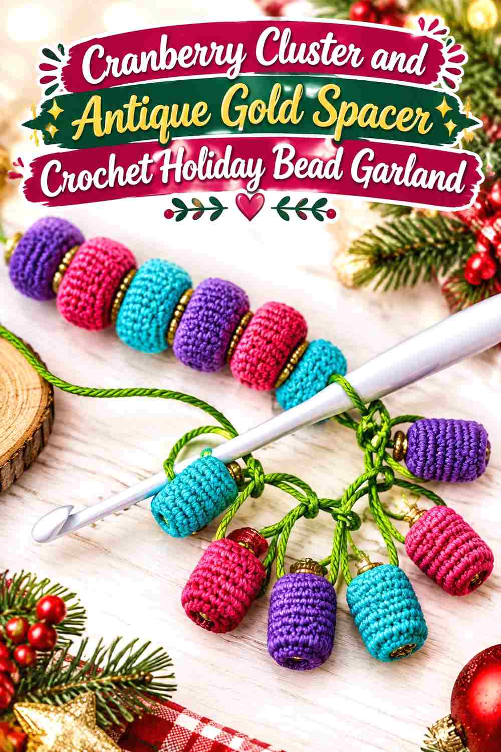 4. Cranberry Cluster And Antique Gold Spacer Crochet Holiday Bead Garland
