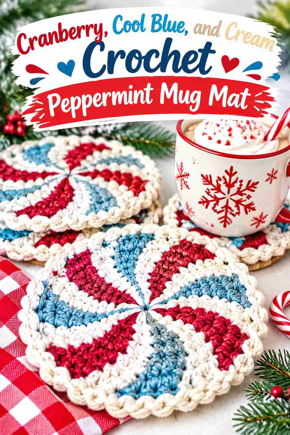 6. Cranberry Cool Blue And Cream Crochet Peppermint Mug Mat