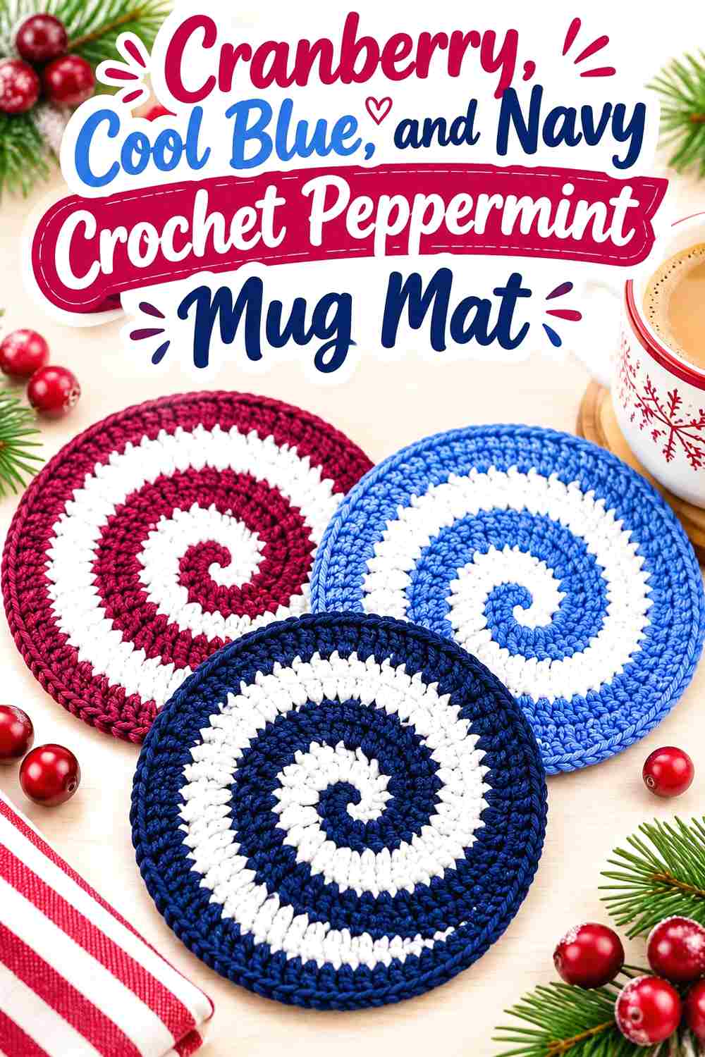 8. Cranberry Cool Blue And Navy Crochet Peppermint Mug Mat