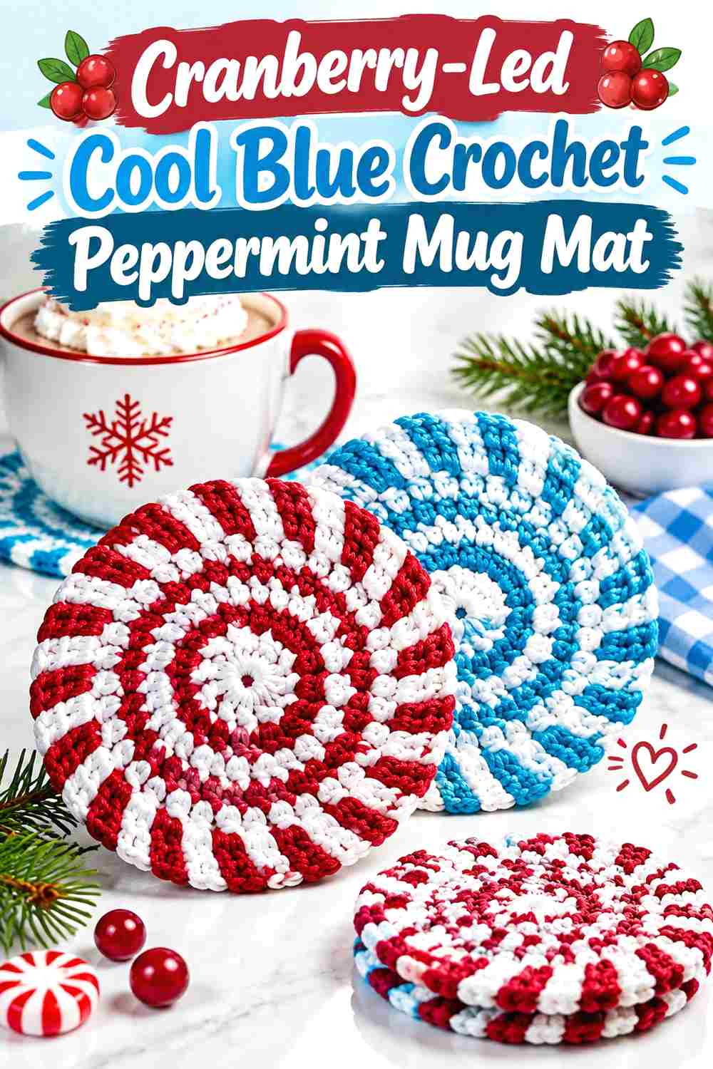 2. Cranberry Led Cool Blue Crochet Peppermint Mug Mat
