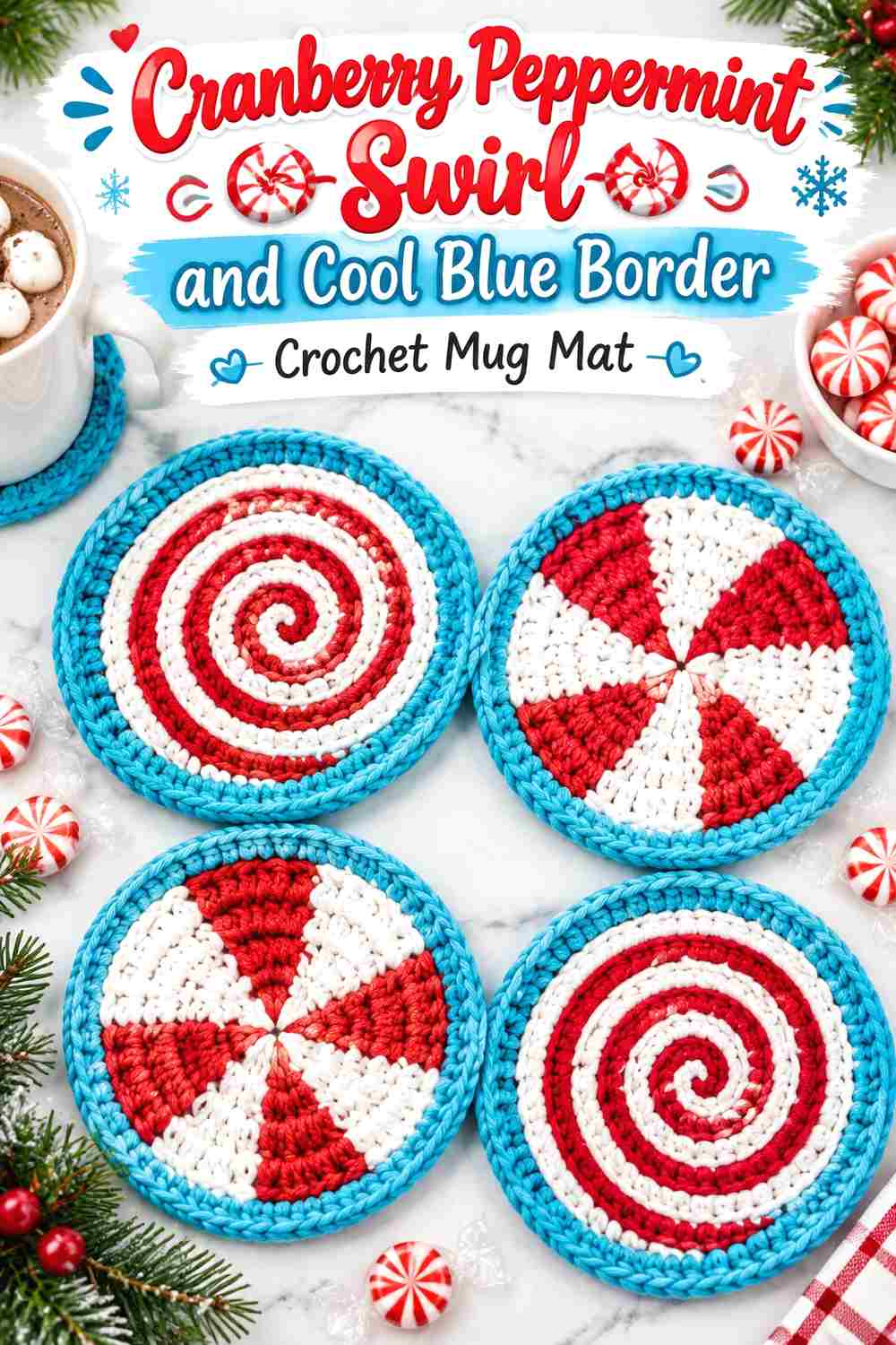 4. Cranberry Peppermint Swirl And Cool Blue Border Crochet Mug Mat