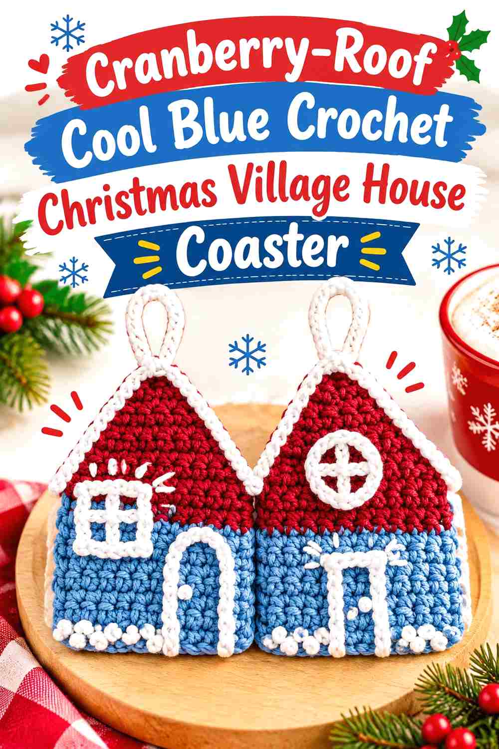 3. Cranberry Roof Cool Blue Crochet Christmas Village House Coaster