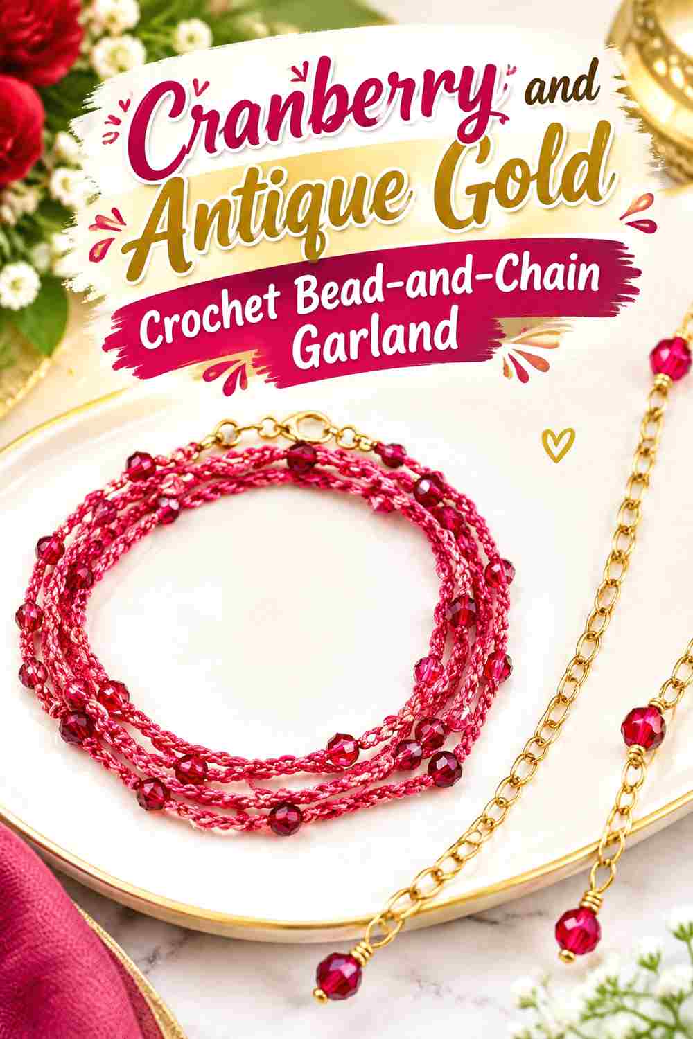 12. Cranberry And Antique Gold Crochet Bead And Chain Garland