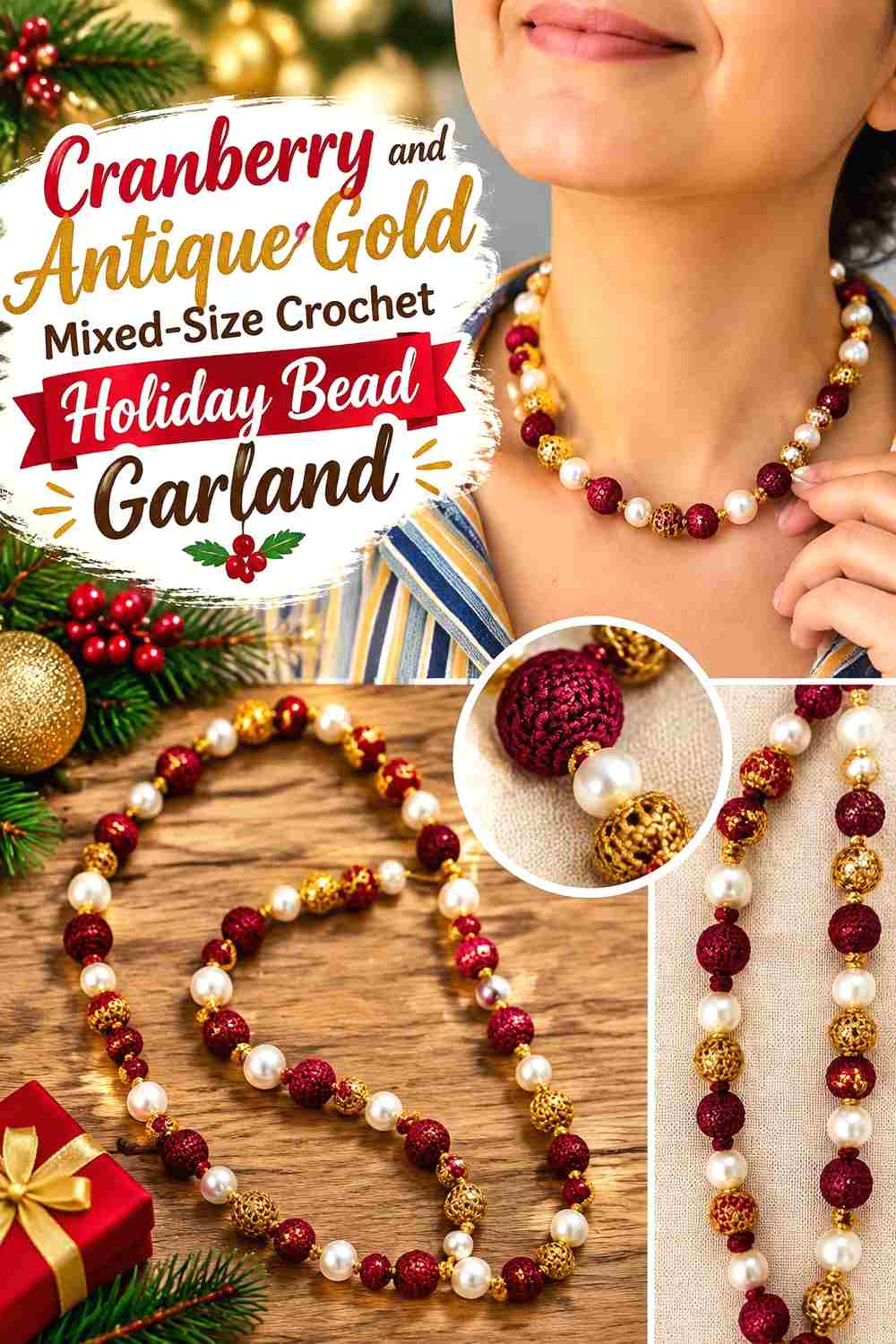 5. Cranberry And Antique Gold Mixed Size Crochet Holiday Bead Garland