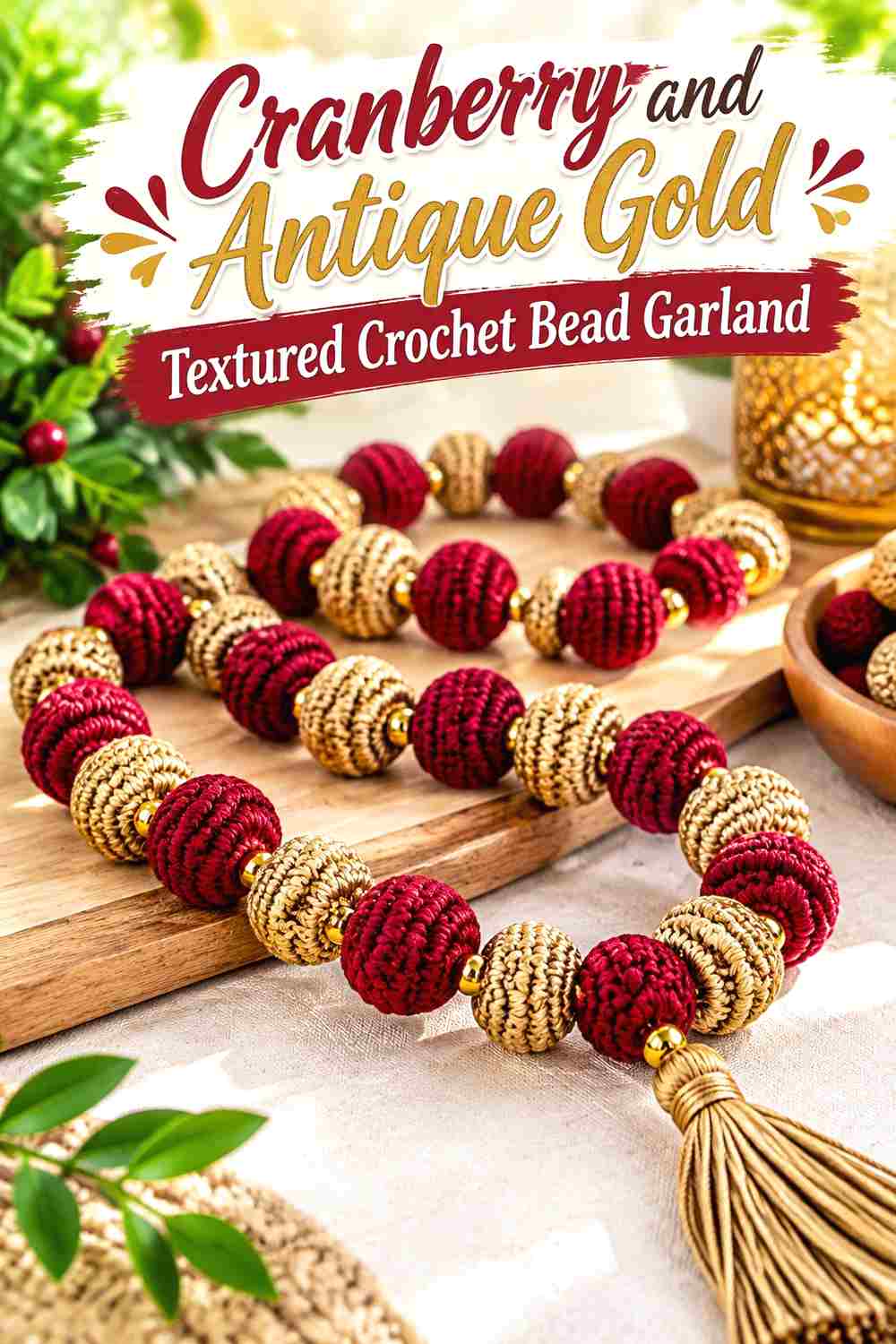 10. Cranberry And Antique Gold Textured Crochet Bead Garland