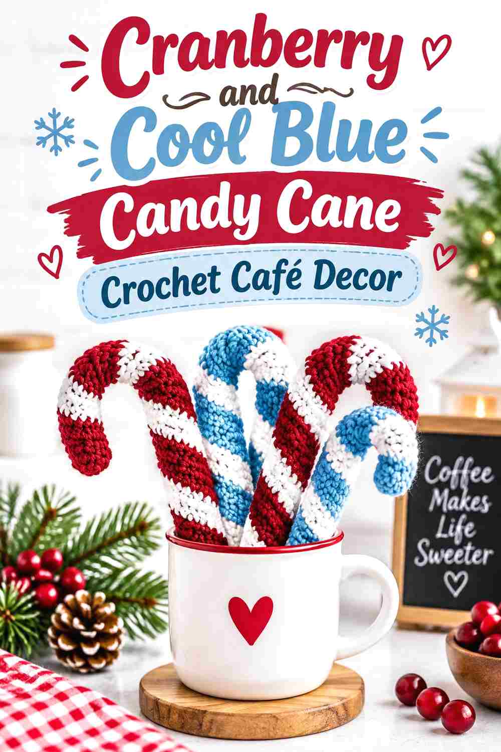 4. Cranberry And Cool Blue Candy Cane Crochet Cafe Decor