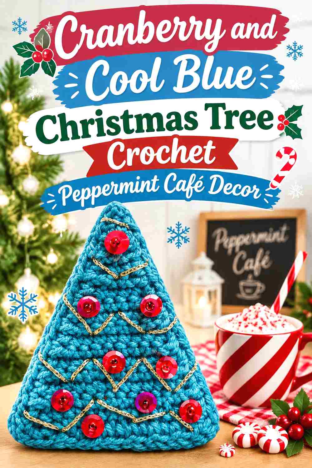 10. Cranberry And Cool Blue Christmas Tree Crochet Peppermint Cafe Decor
