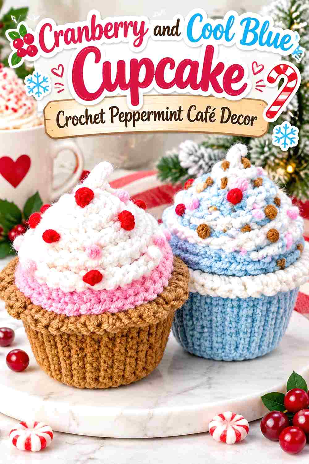 6. Cranberry And Cool Blue Cupcake Crochet Peppermint Cafe Decor