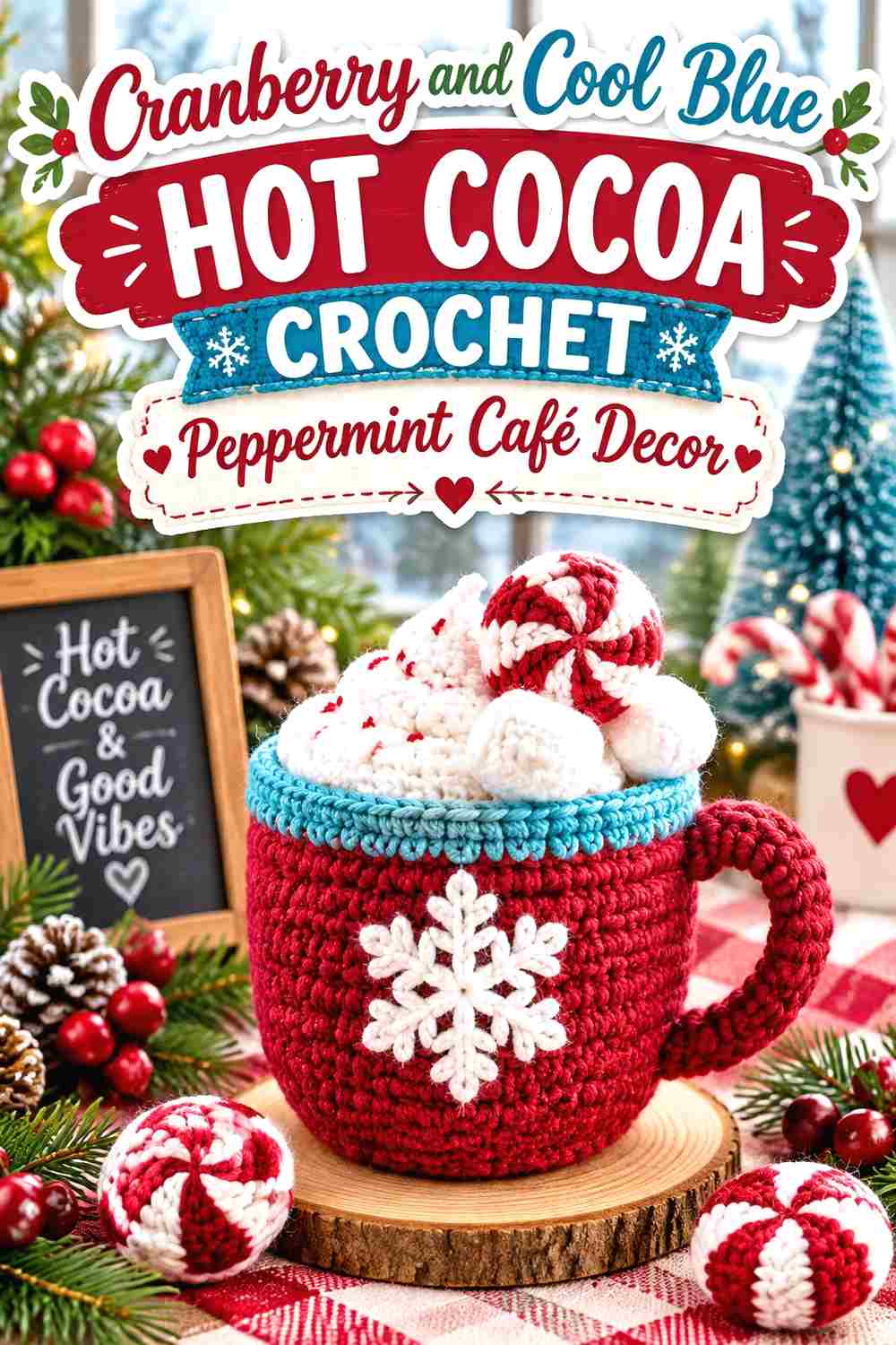 2. Cranberry And Cool Blue Hot Cocoa Crochet Peppermint Cafe Decor