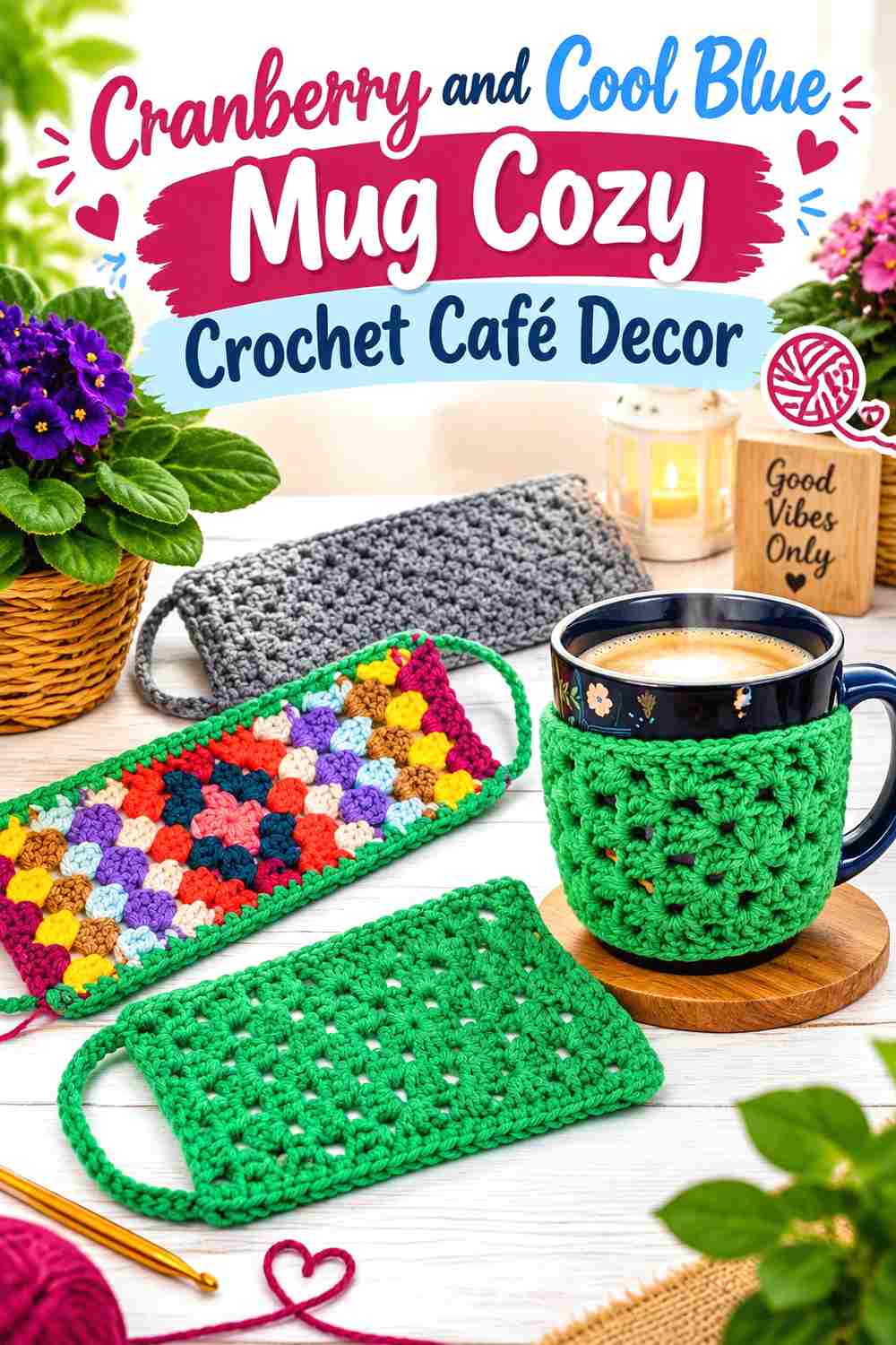 7. Cranberry And Cool Blue Mug Cozy Crochet Cafe Decor
