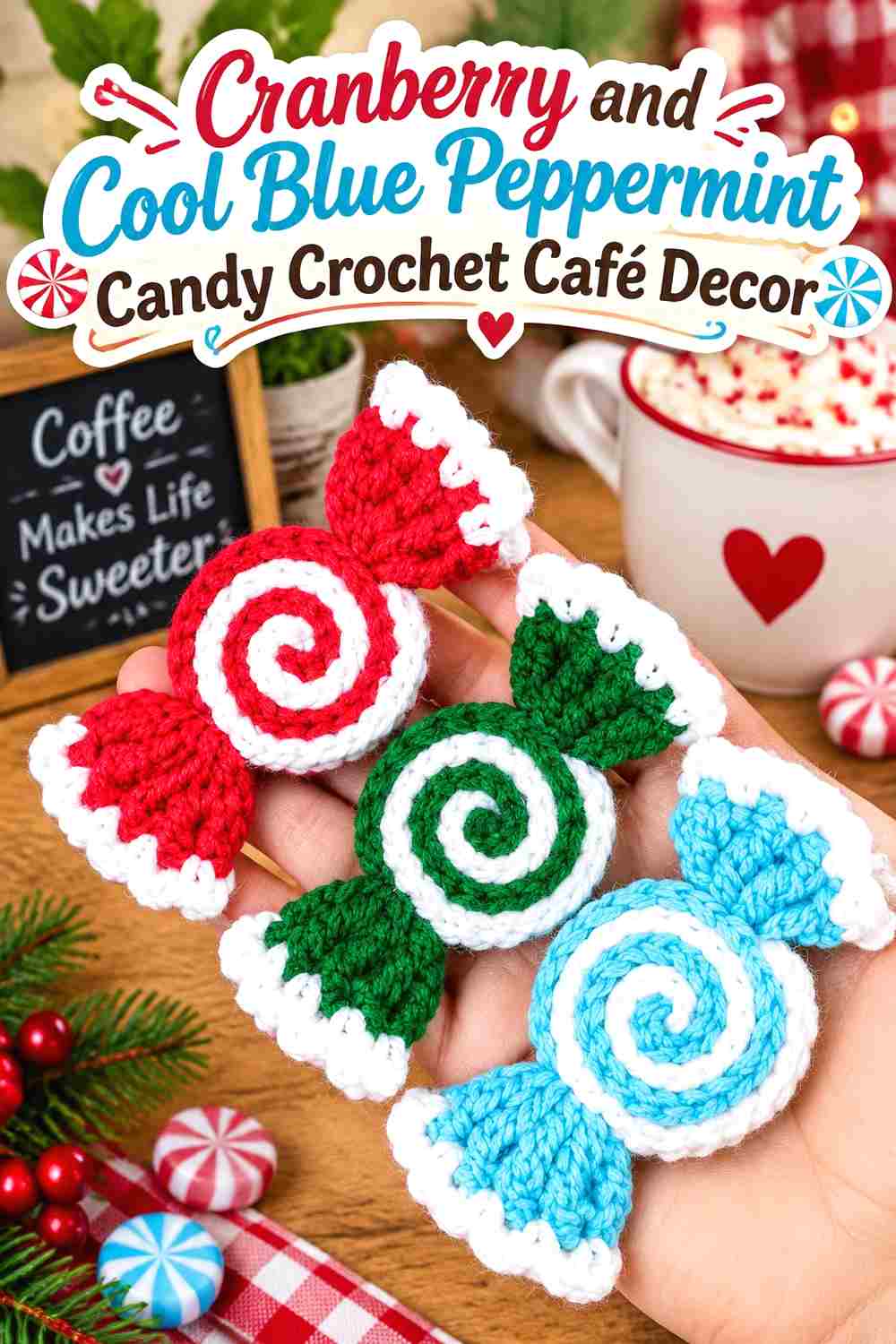 1. Cranberry And Cool Blue Peppermint Candy Crochet Cafe Decor