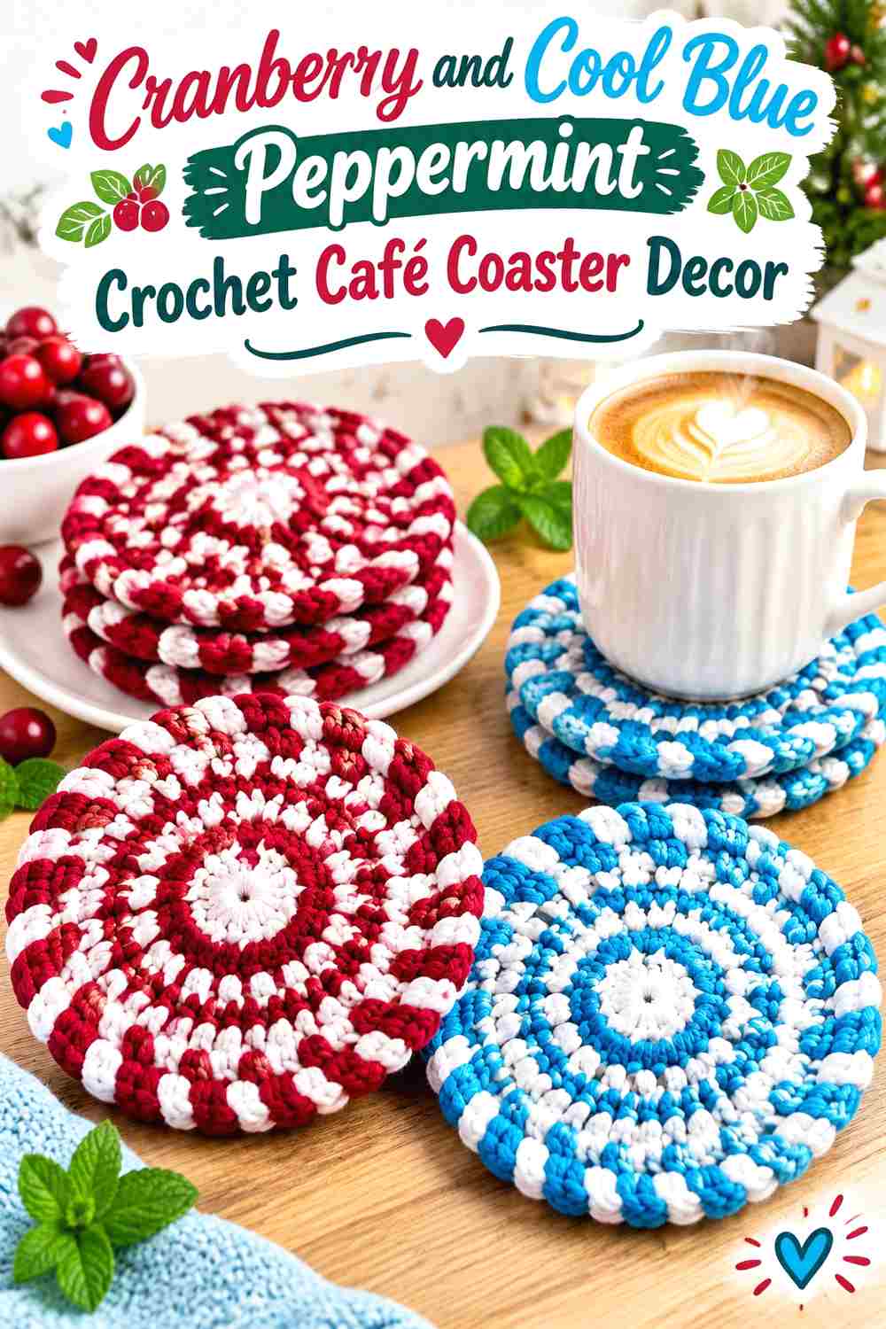3. Cranberry And Cool Blue Peppermint Crochet Cafe Coaster Decor
