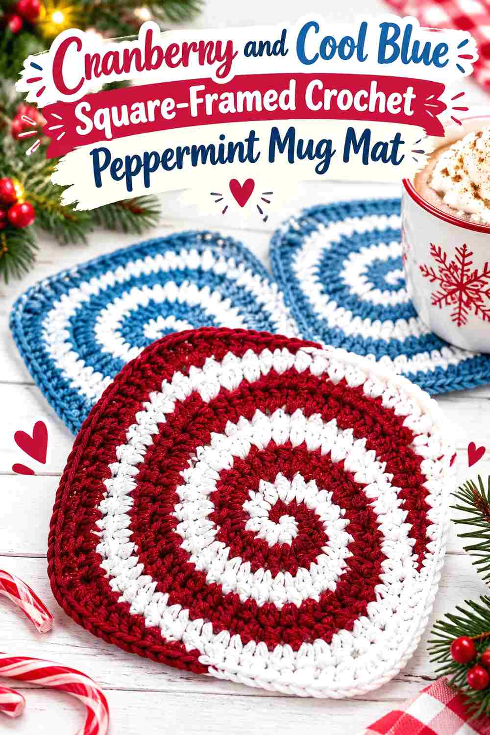 11. Cranberry And Cool Blue Square Framed Crochet Peppermint Mug Mat