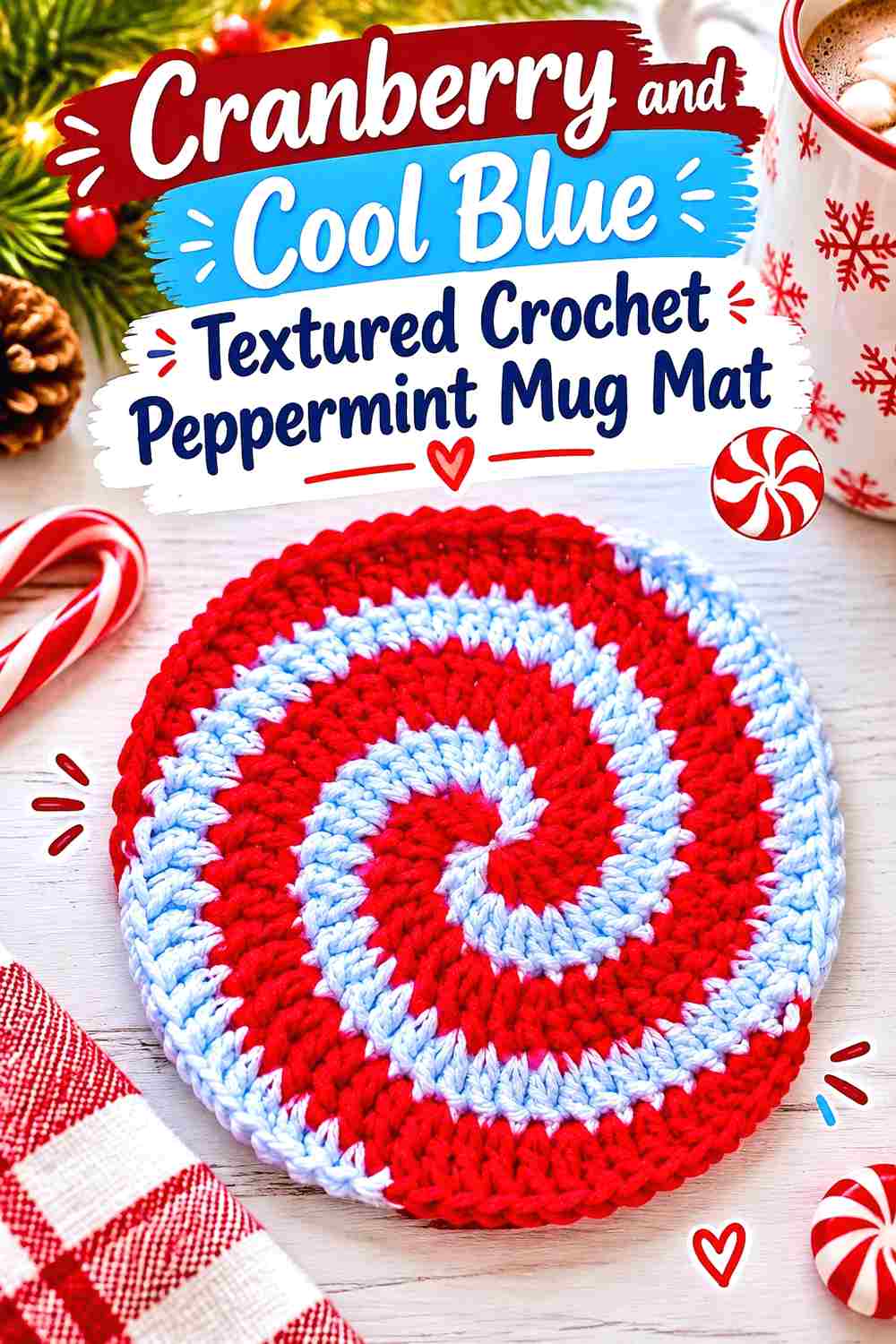 9. Cranberry And Cool Blue Textured Crochet Peppermint Mug Mat