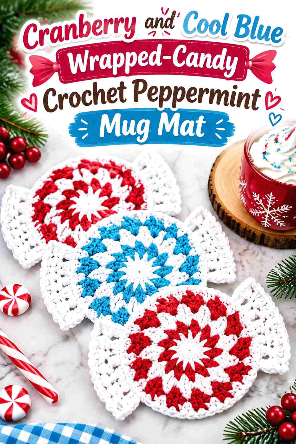 10. Cranberry And Cool Blue Wrapped Candy Crochet Peppermint Mug Mat
