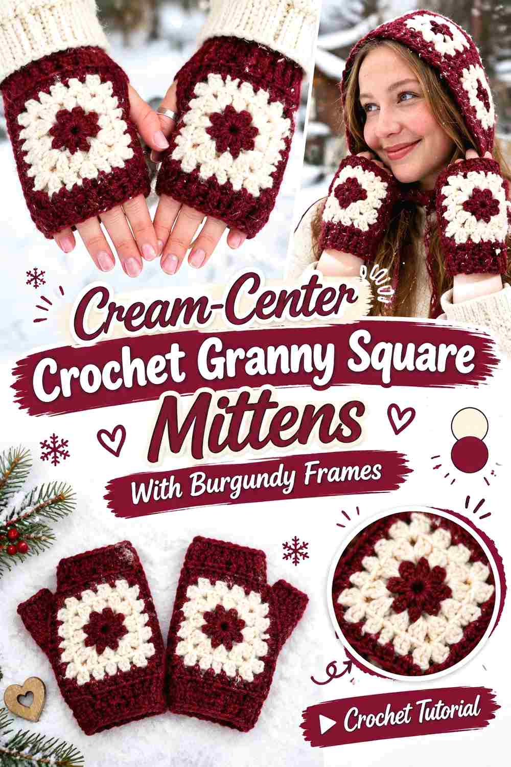 2. Cream Center Crochet Granny Square Mittens With Burgundy Frames