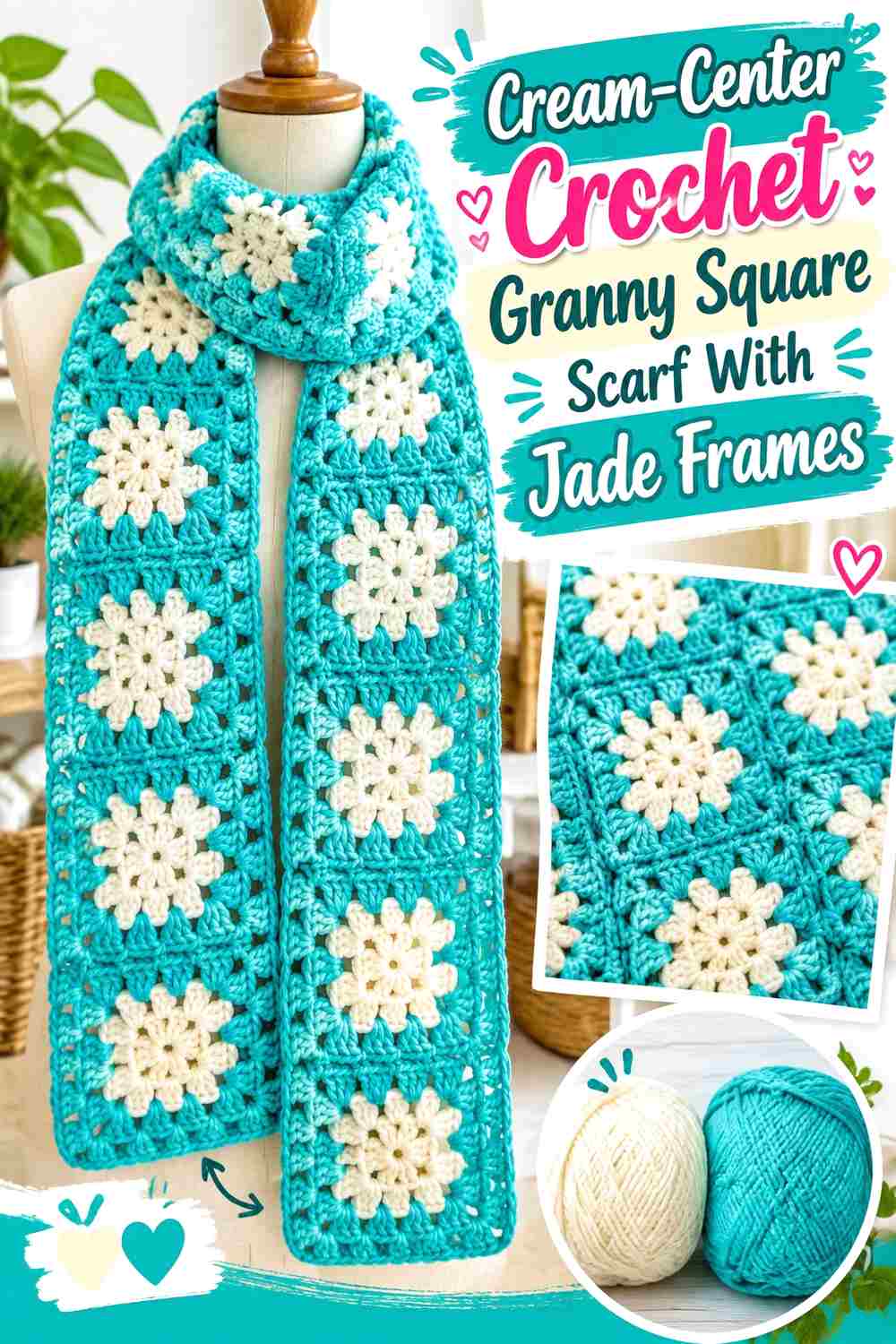2. Cream Center Crochet Granny Square Scarf With Jade Frames
