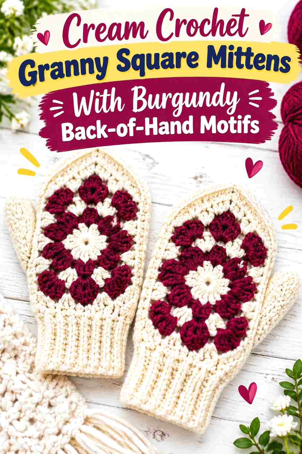 10. Cream Crochet Granny Square Mittens With Burgundy Back Of Hand Motifs