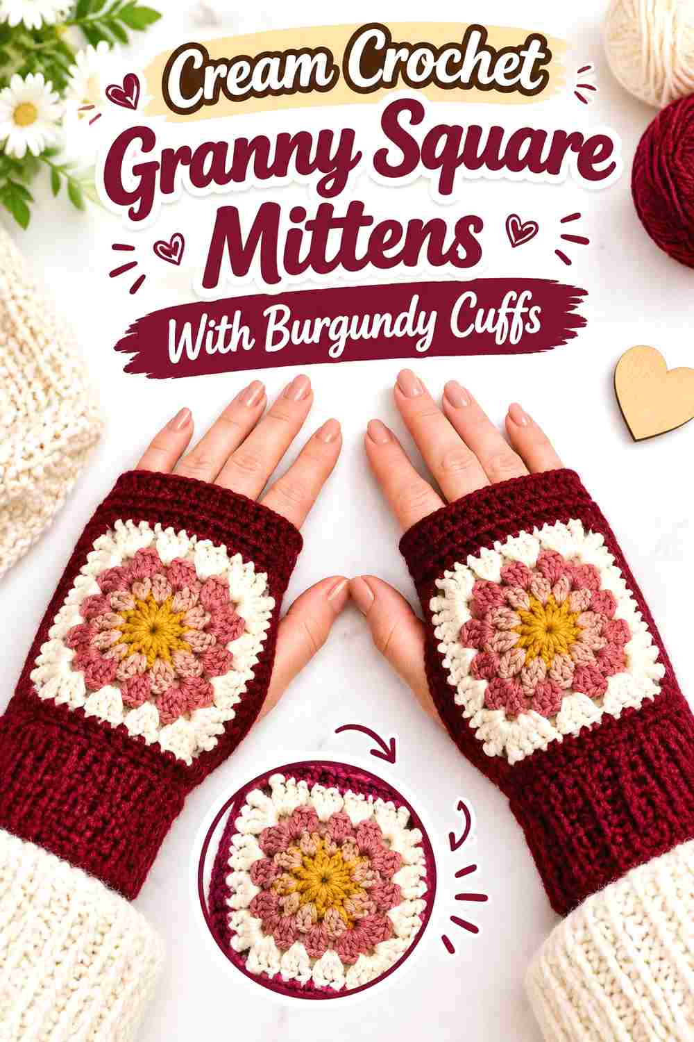 7. Cream Crochet Granny Square Mittens With Burgundy Cuffs