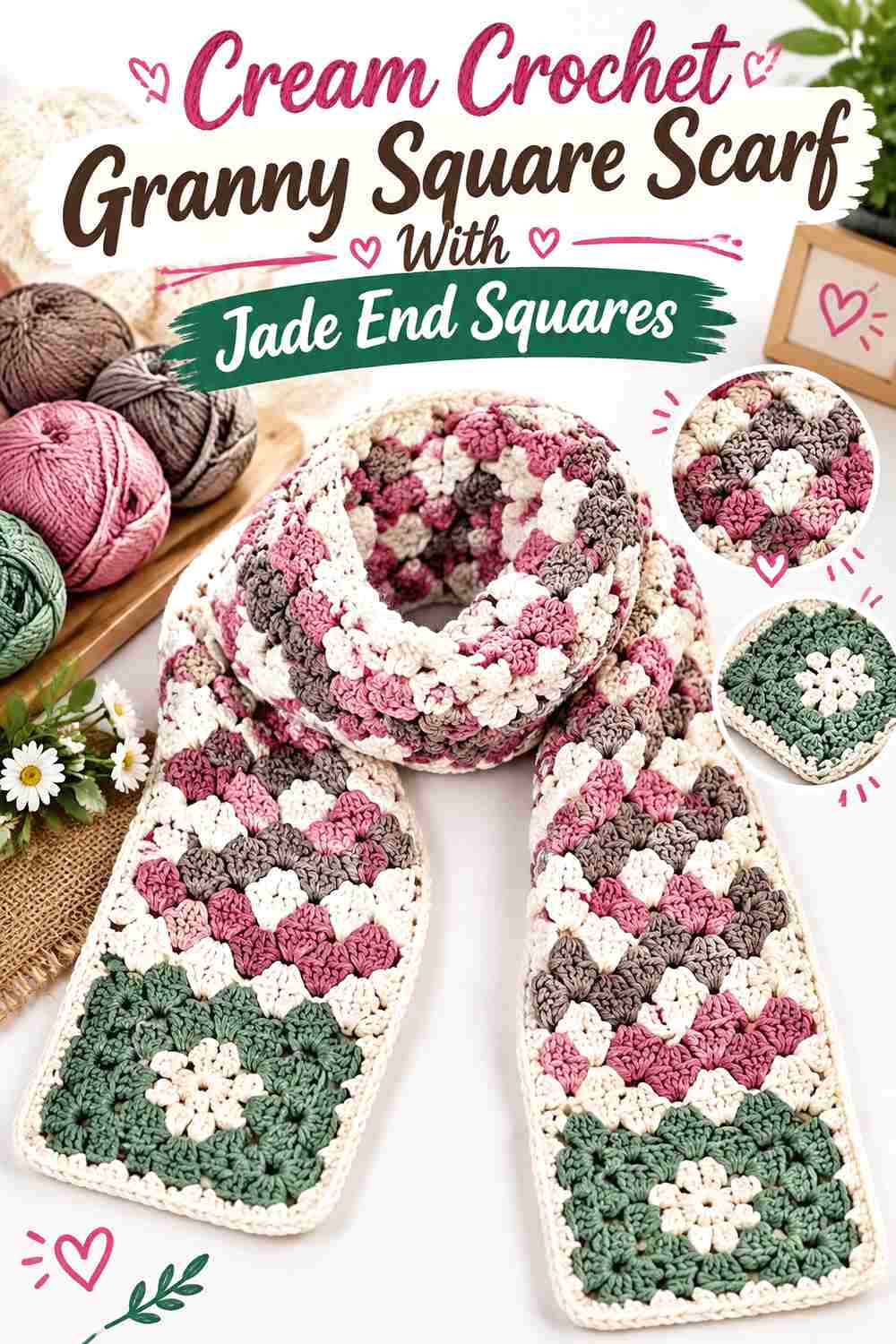 8. Cream Crochet Granny Square Scarf With Jade End Squares