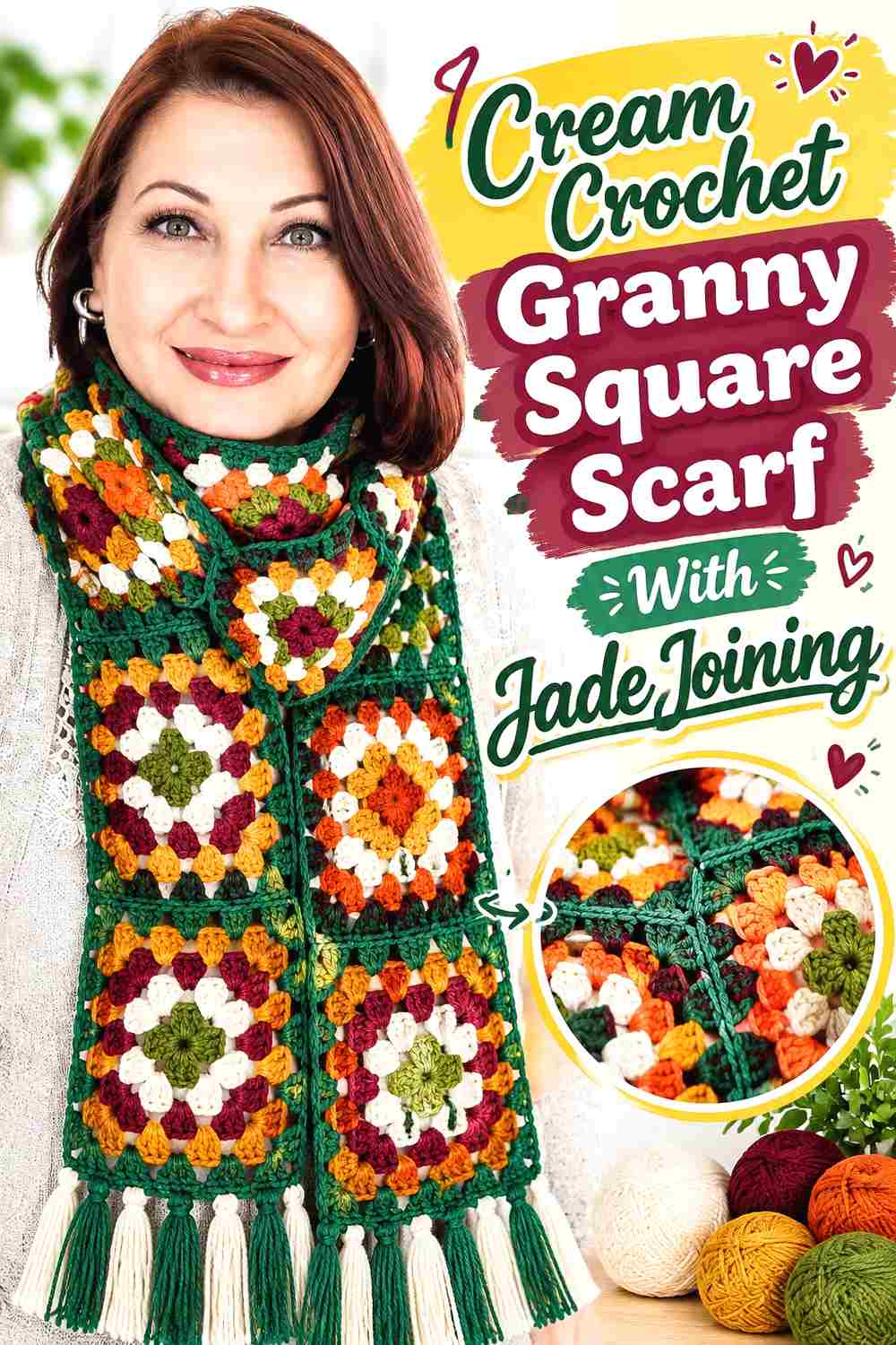 5. Cream Crochet Granny Square Scarf With Jade Joining