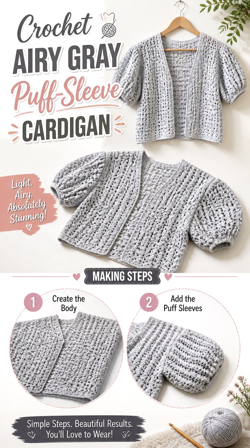 Crochet Airy Gray Puff Sleeve Cardigan