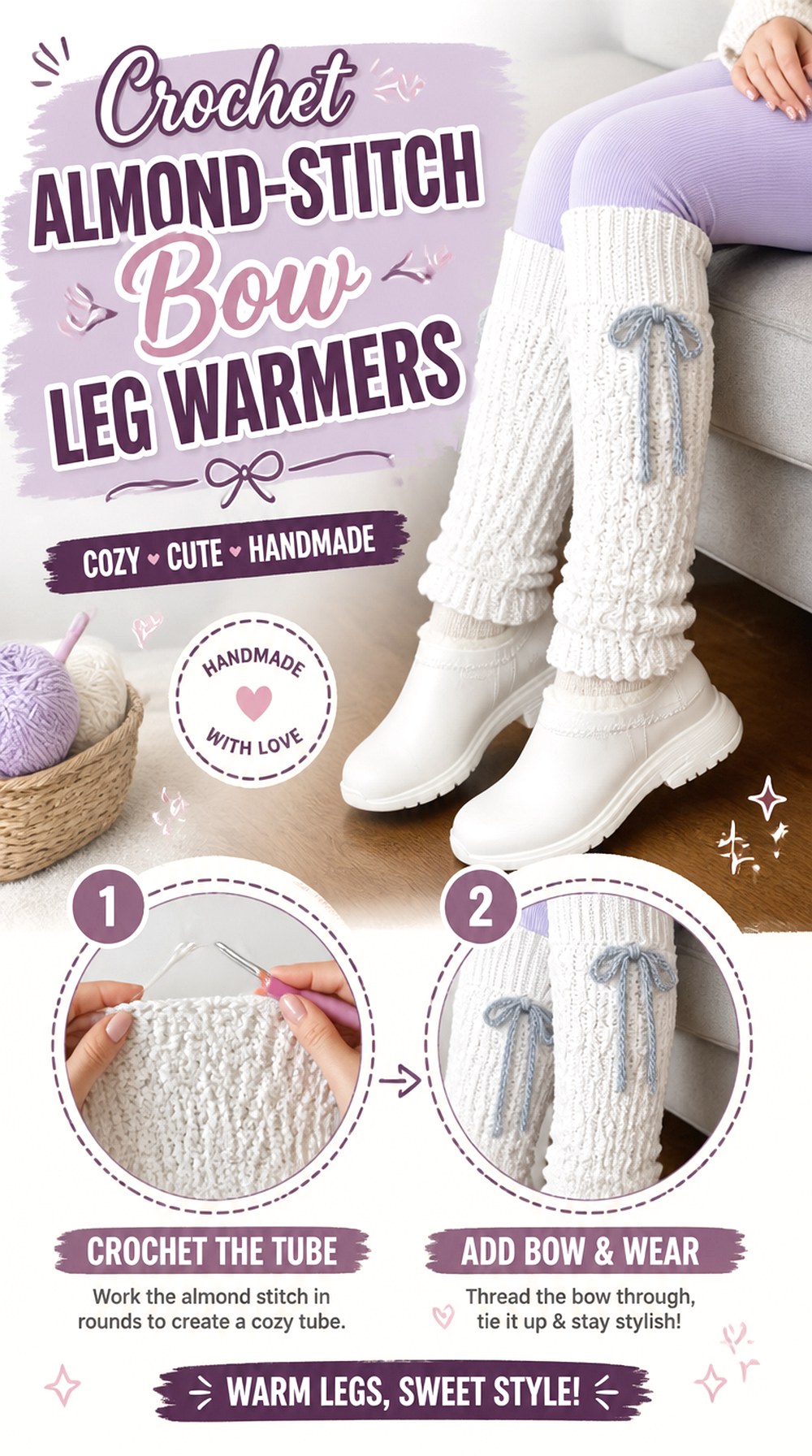 Crochet Almond Stitch Bow Leg Warmers