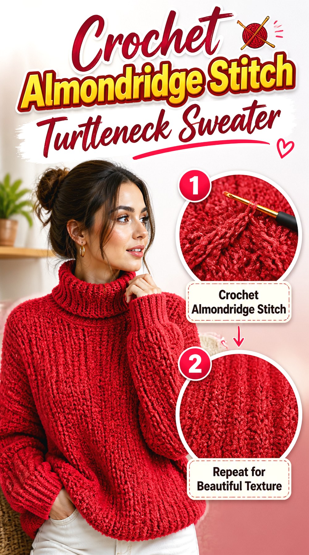 Crochet Almondridge Stitch Turtleneck Sweater