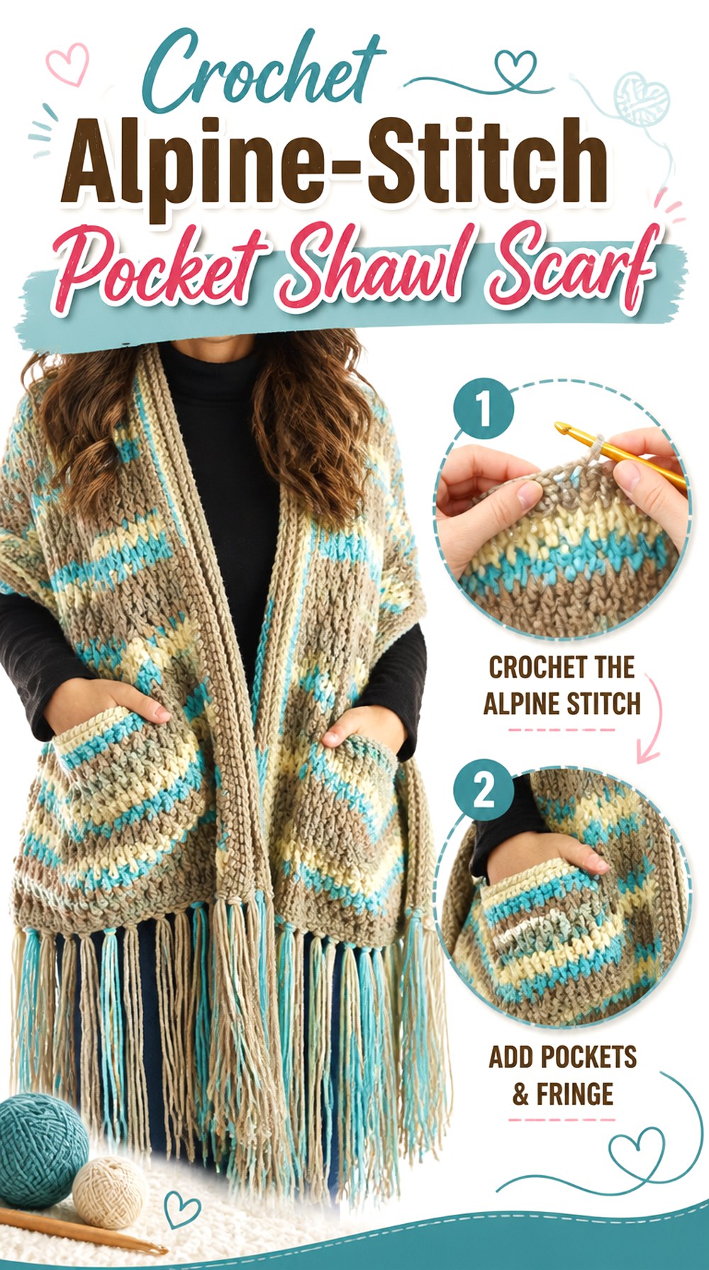 Crochet Alpine Stitch Pocket Shawl Scarf