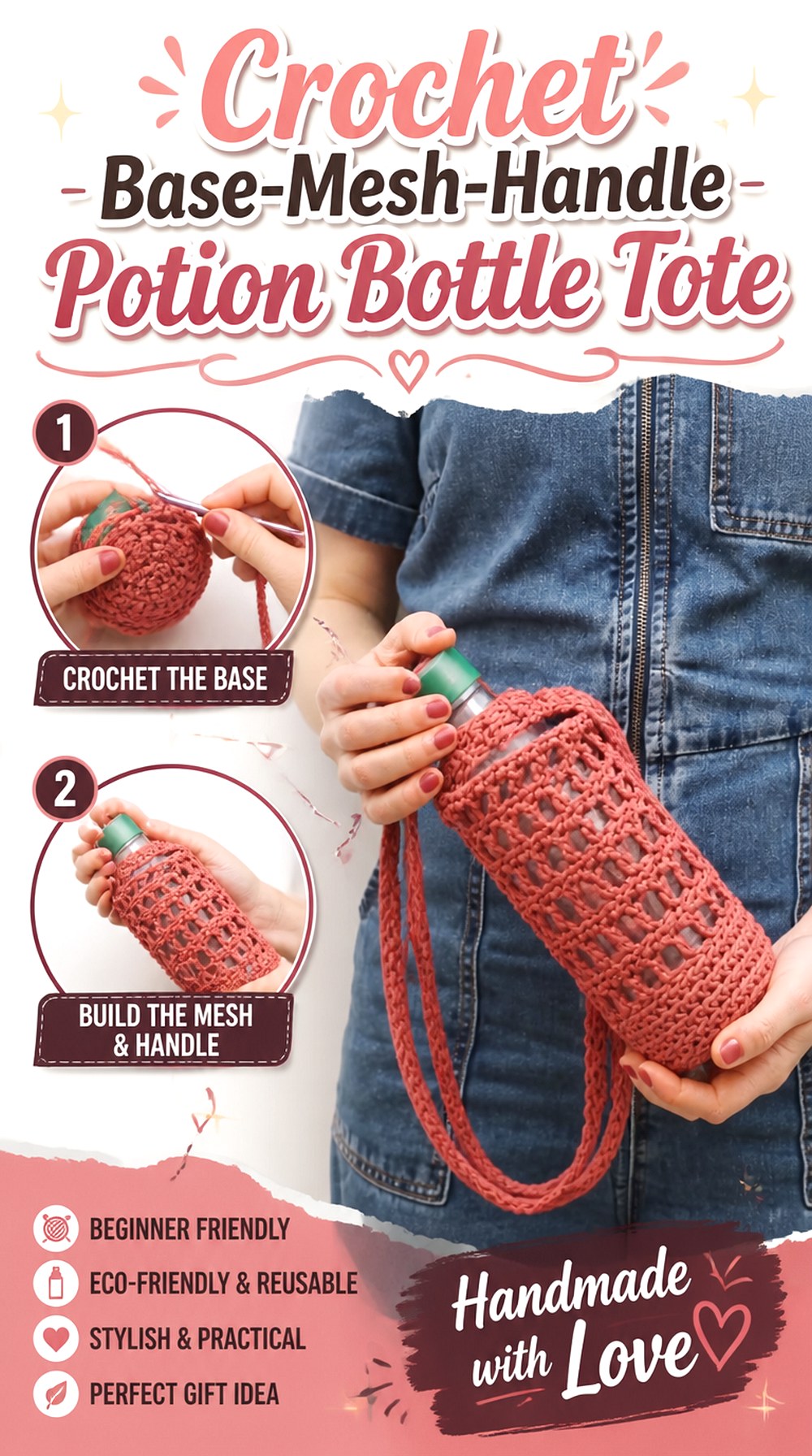Crochet Base Mesh Handle Potion Bottle Tote