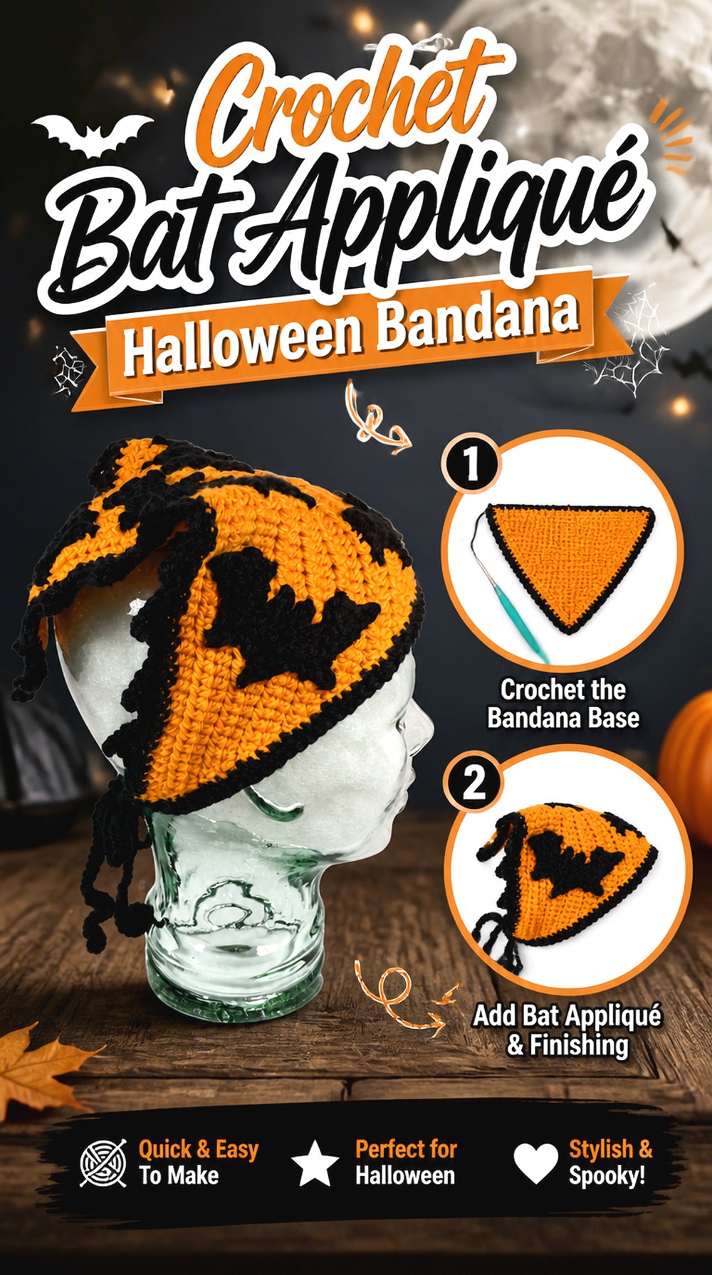 Crochet Bat Appliqué Halloween Bandana