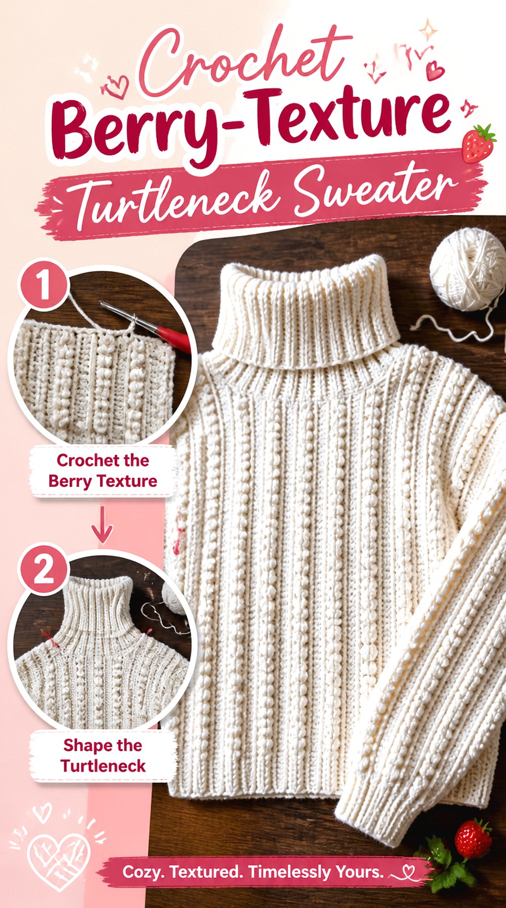 Crochet Berry Texture Turtleneck Sweater
