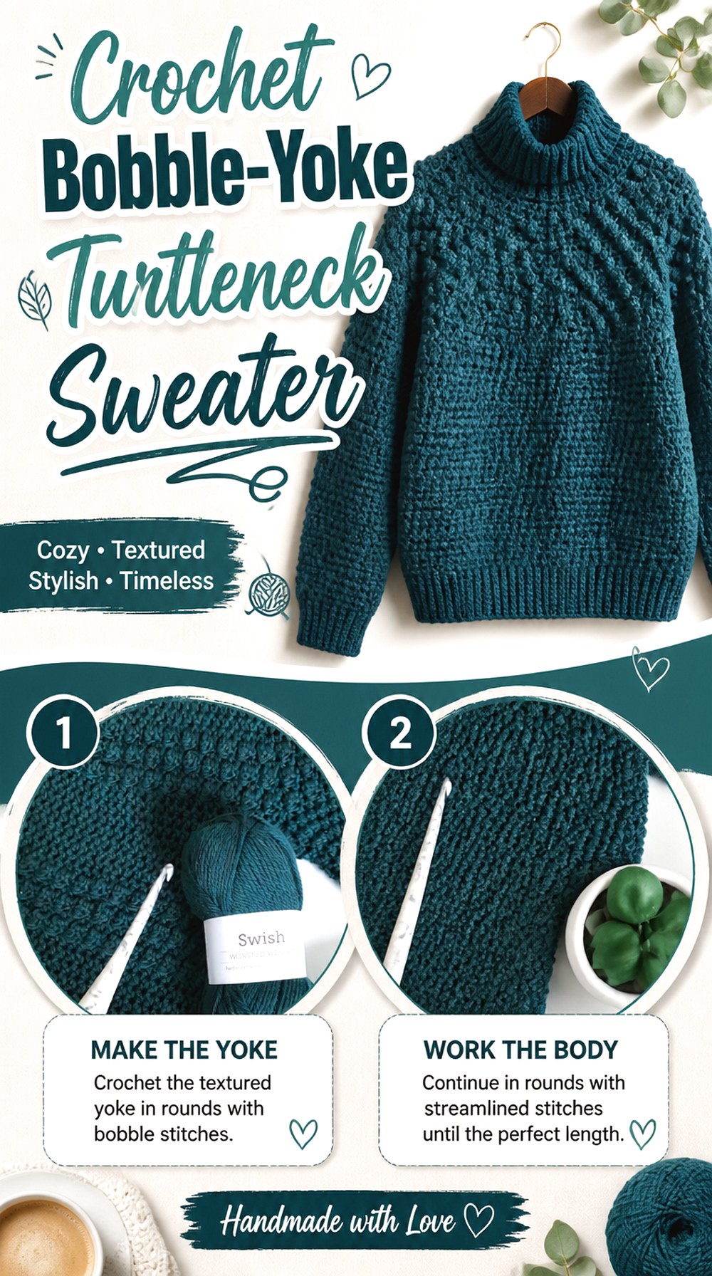 Crochet Bobble Yoke Turtleneck Sweater