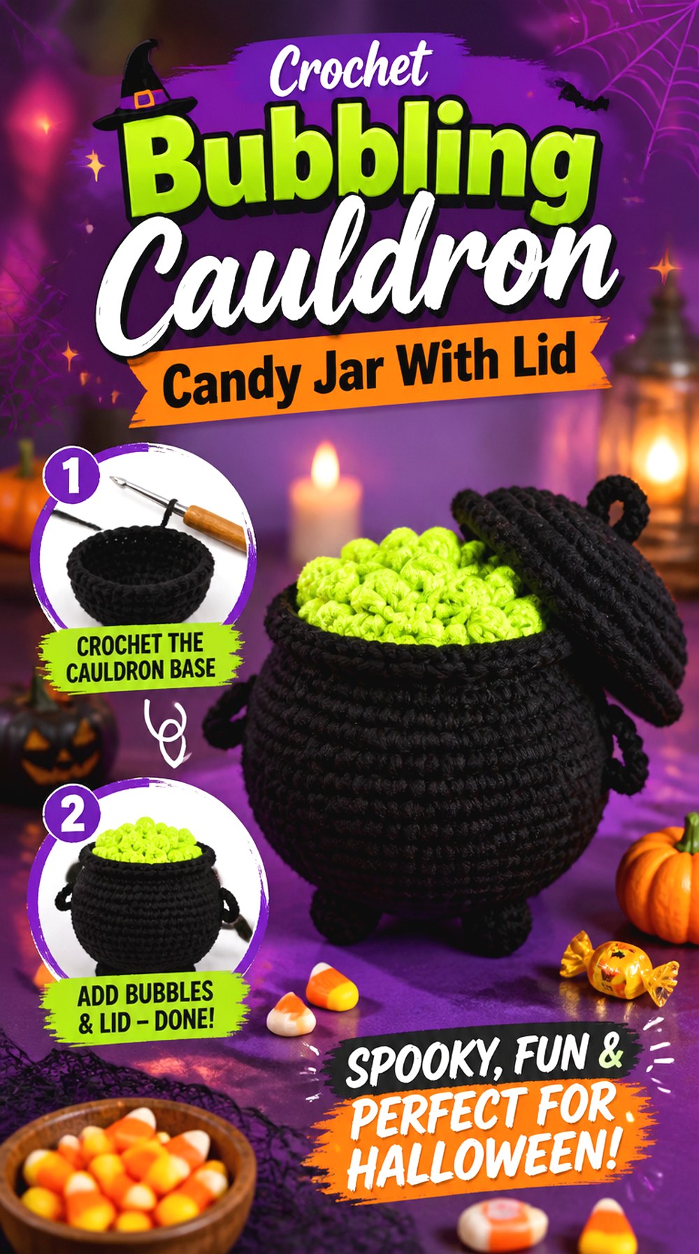 Crochet Bubbling Cauldron Candy Jar With Lid