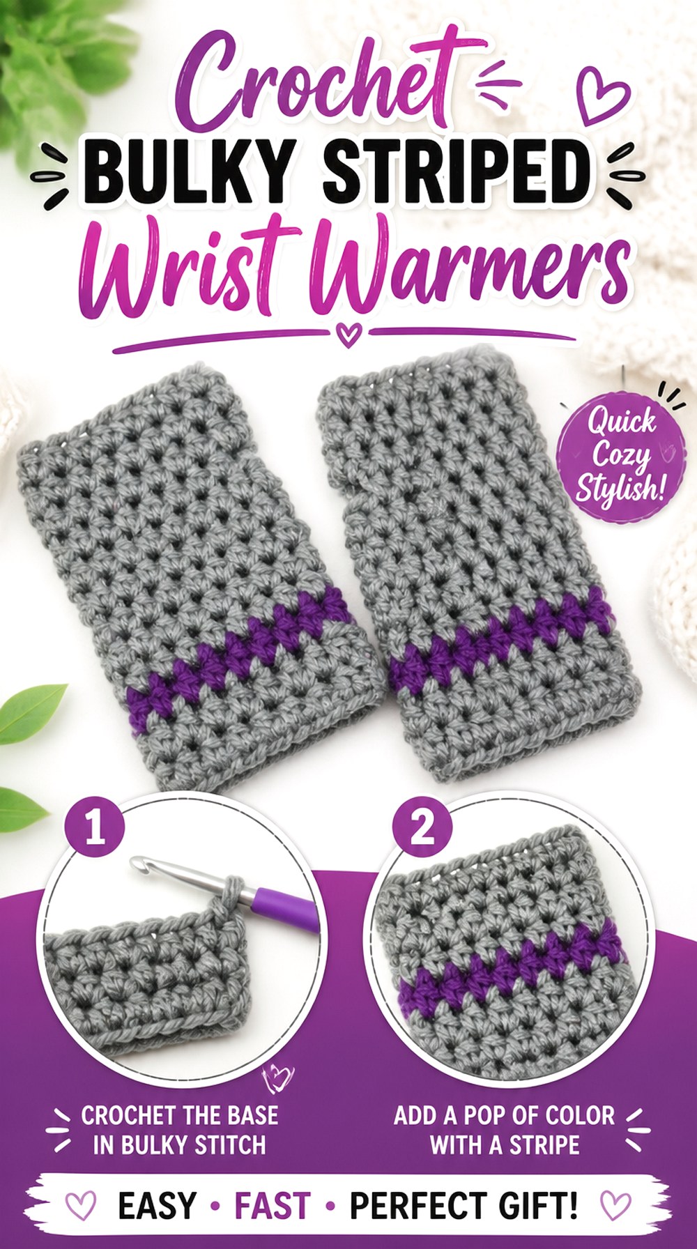 Crochet Bulky Striped Wrist Warmers