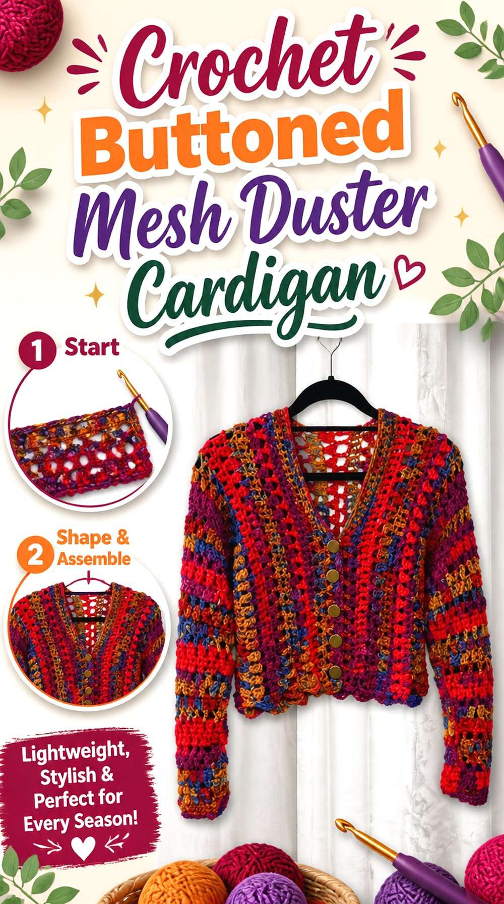 Crochet Buttoned Mesh Duster Cardigan