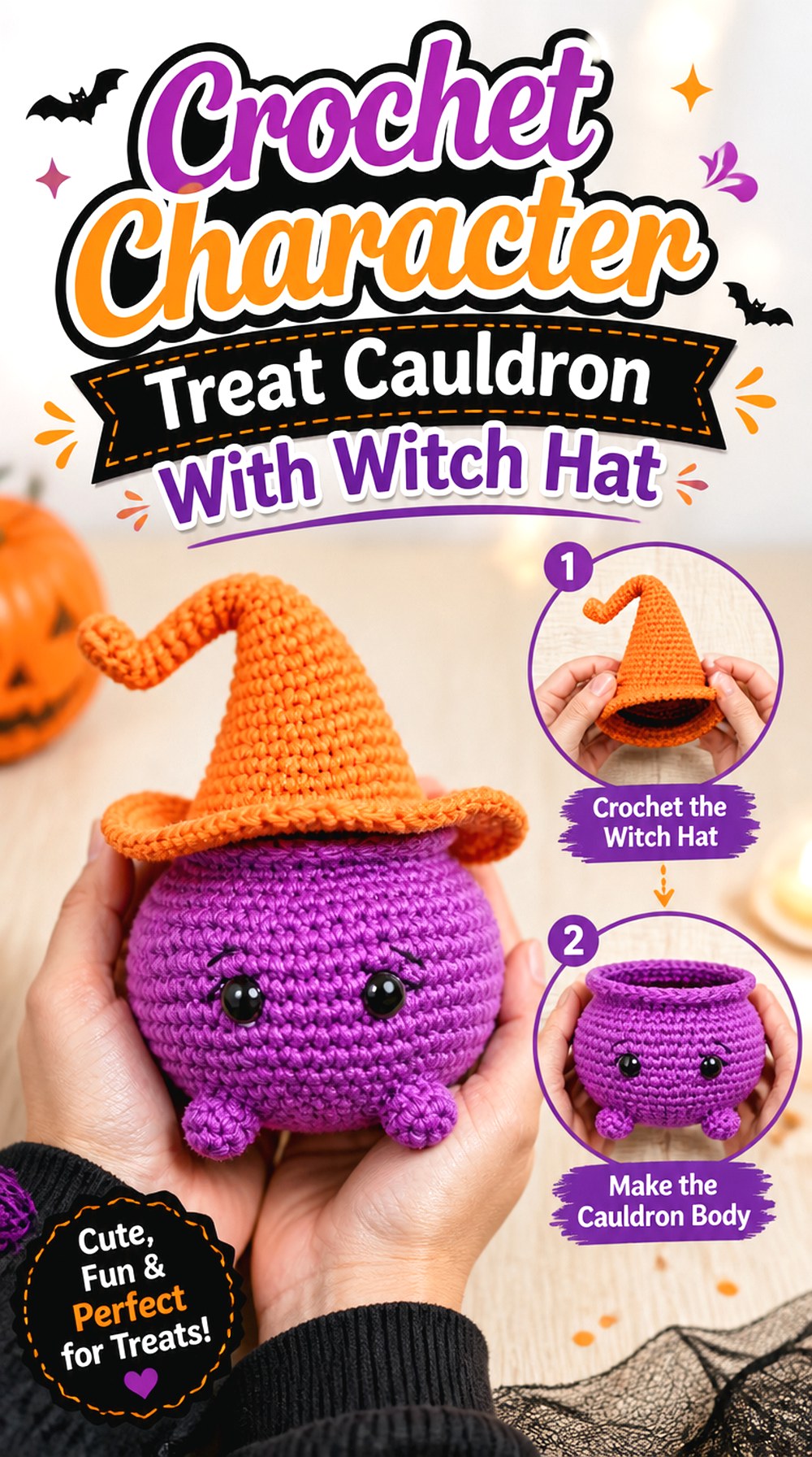 Crochet Character Treat Cauldron With Witch Hat