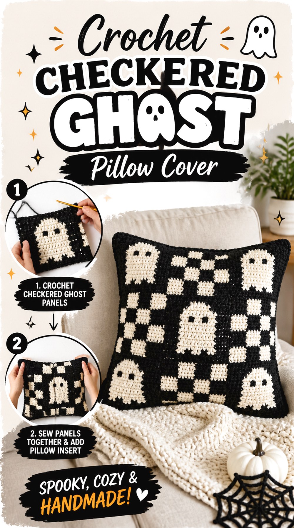 Crochet Checkered Ghost Pillow Cover