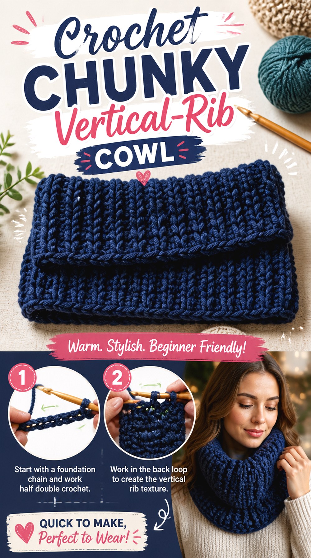 Crochet Chunky Vertical Rib Cowl