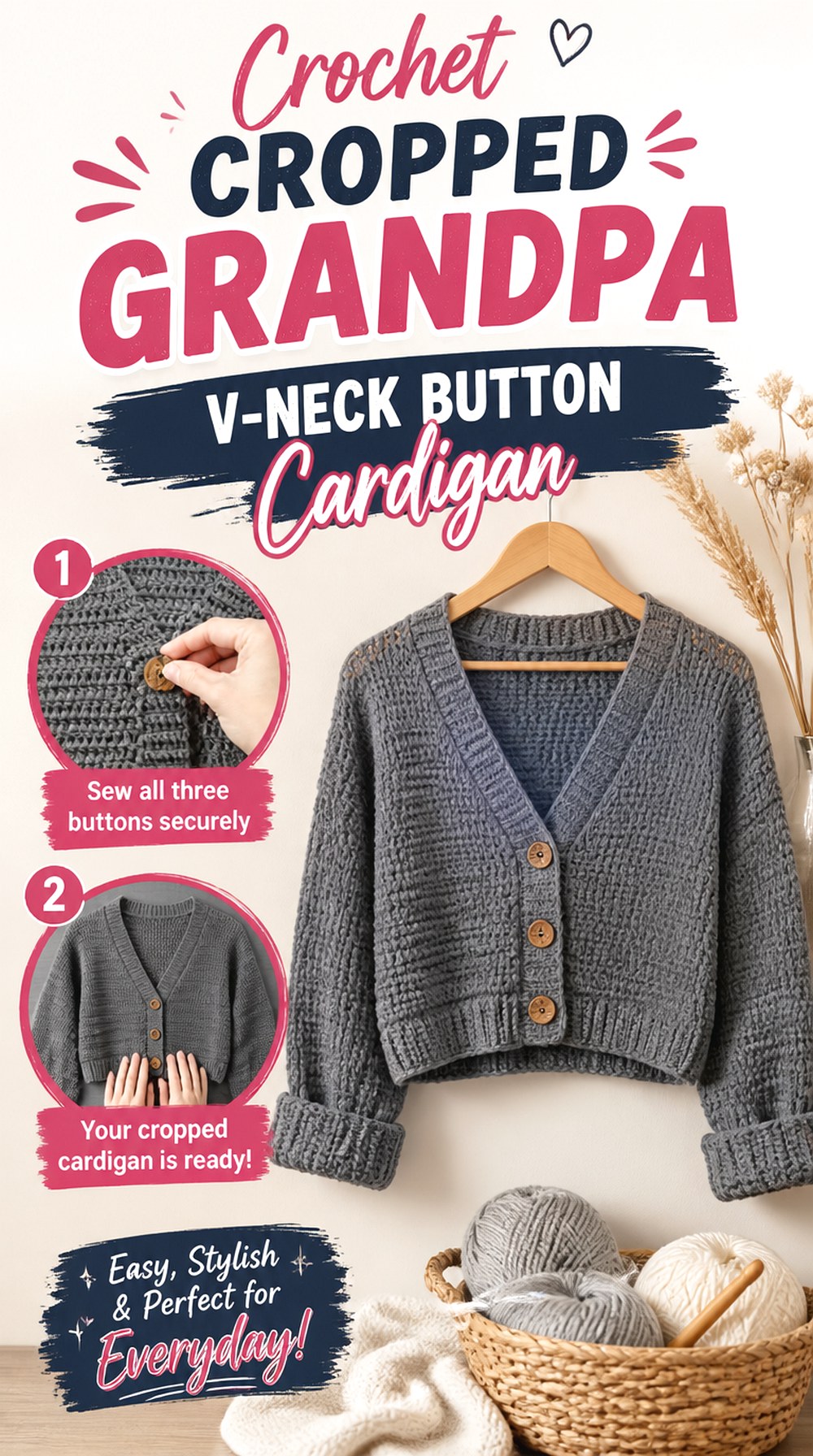 Crochet Cropped Grandpa V Neck Button Cardigan