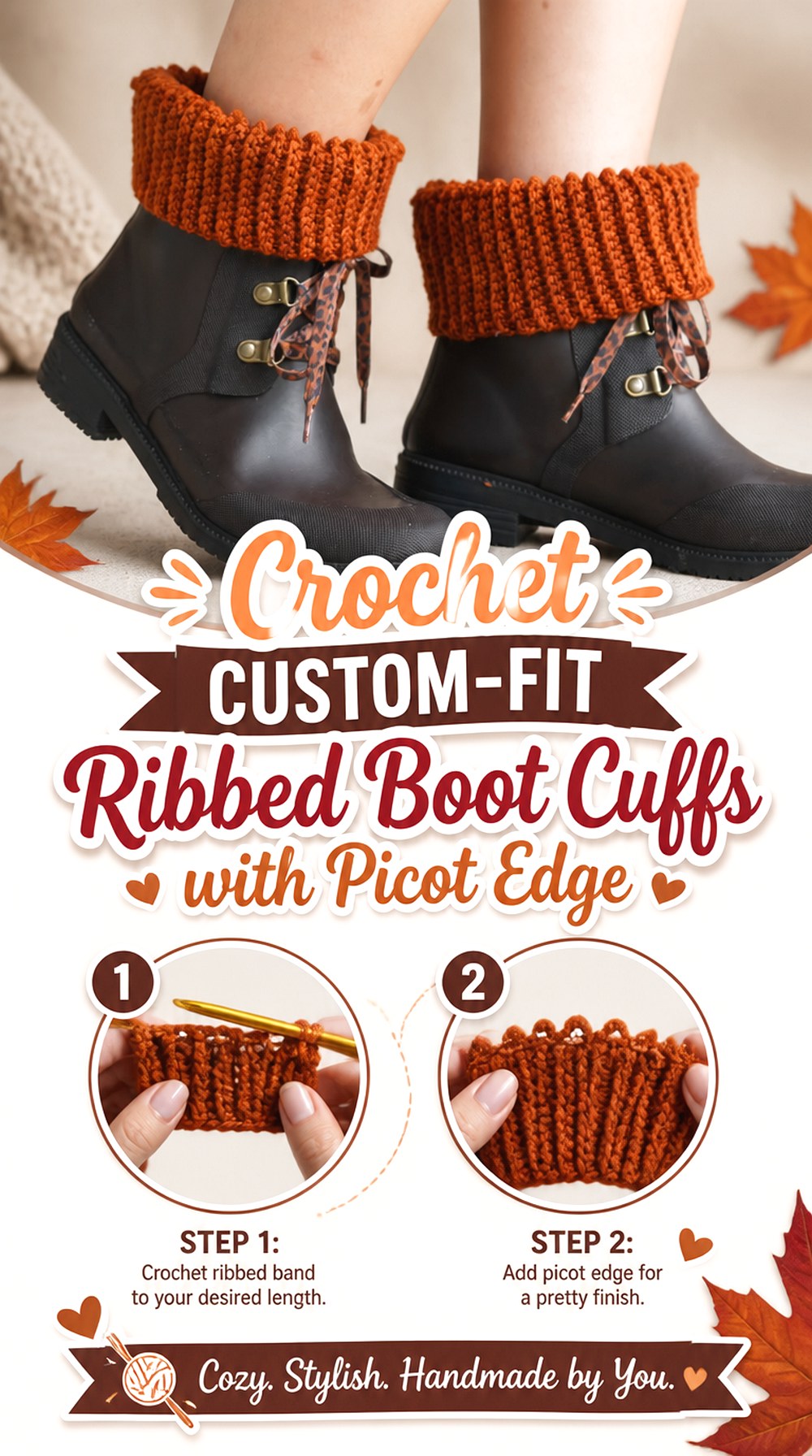 Crochet Custom Fit Ribbed Boot Cuffs with Picot Edge