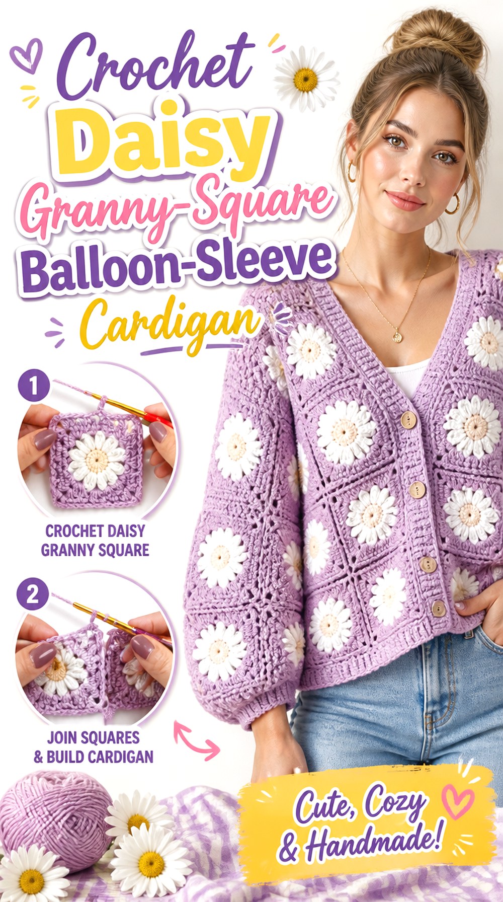 Crochet Daisy Granny Square Balloon Sleeve Cardigan