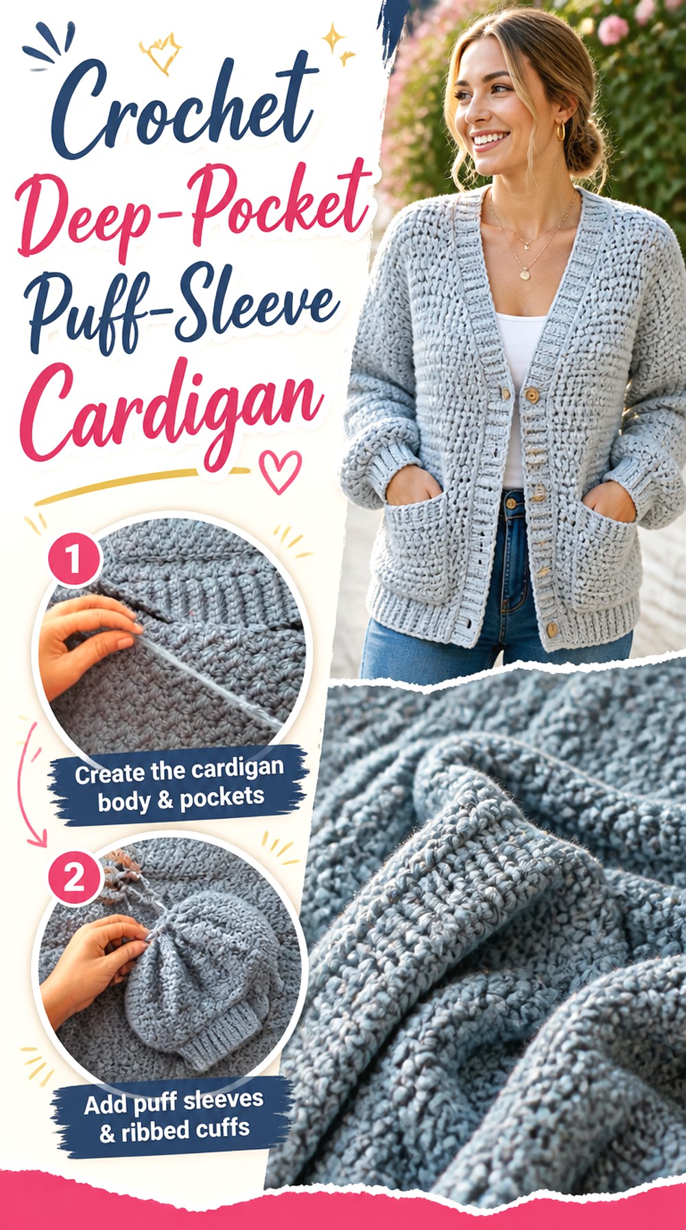 Crochet Deep Pocket Puff Sleeve Cardigan
