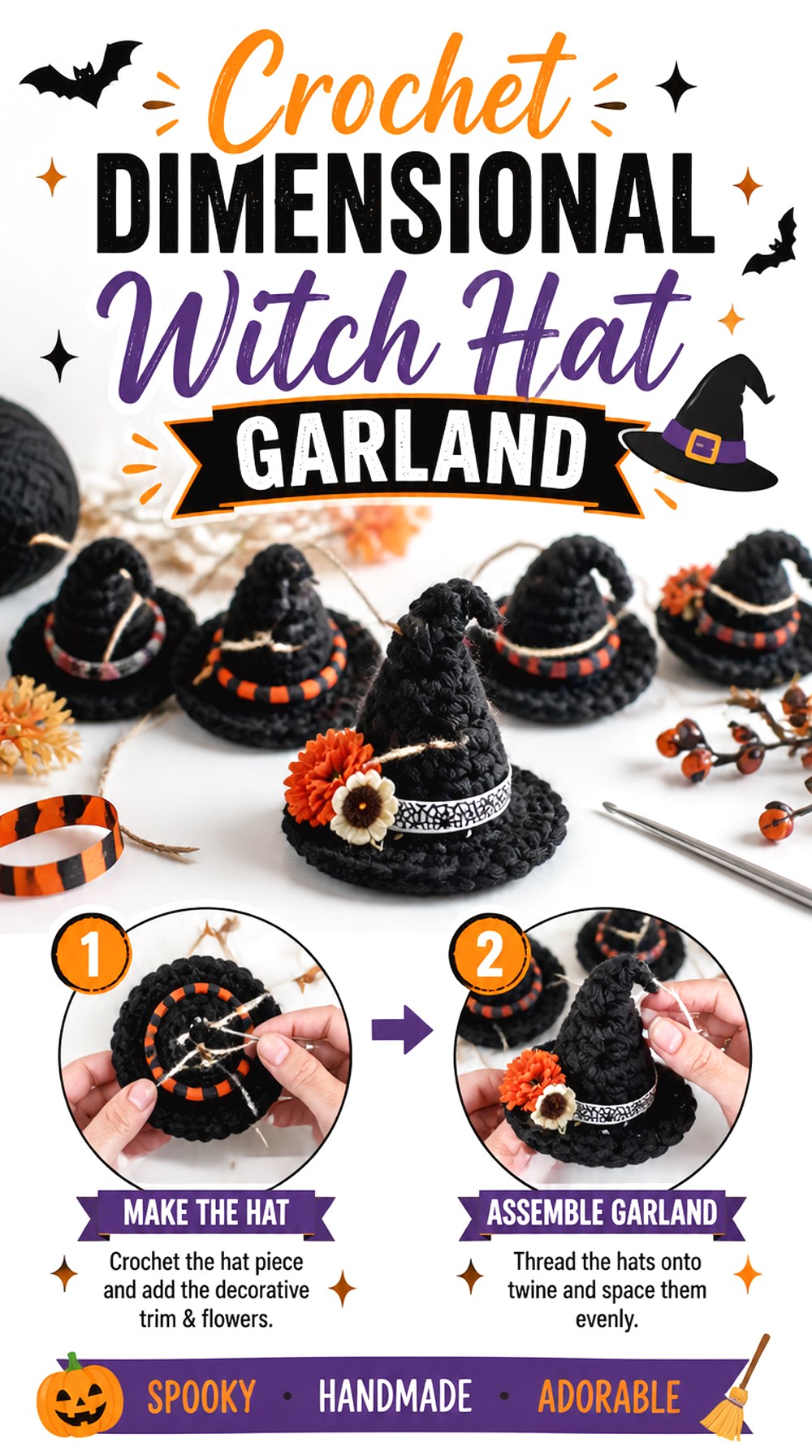 Crochet Dimensional Witch Hat Garland